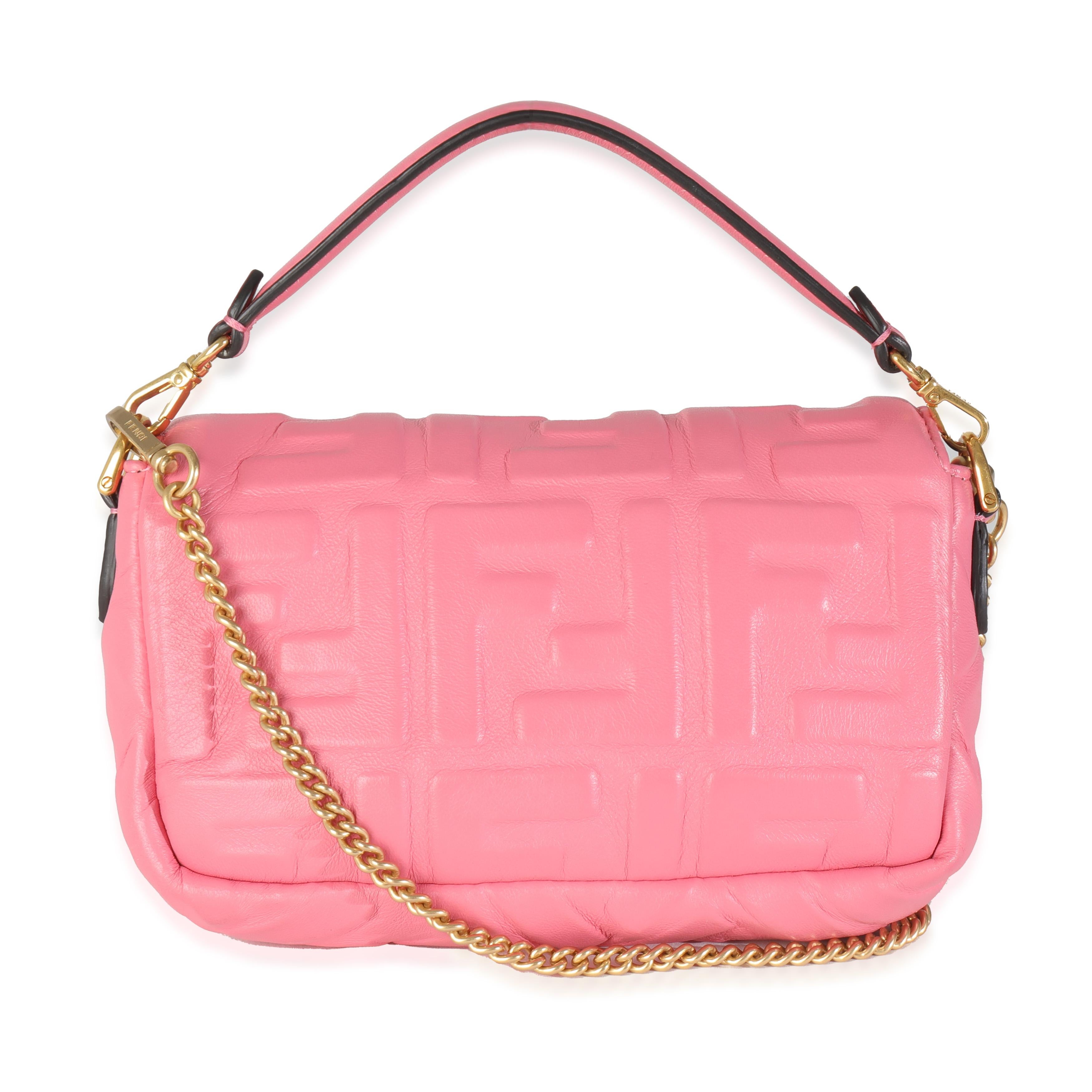 Listing Title: Fendi Pink Dalia FF 1974 Nappa Embossed Mini Baguette Bag
SKU: 145175
Condition: Pre-owned 
Condition Description: A Fendi classic. The Baguette bag is synonymous with the early 2000s and made a name for itself in an early episode of