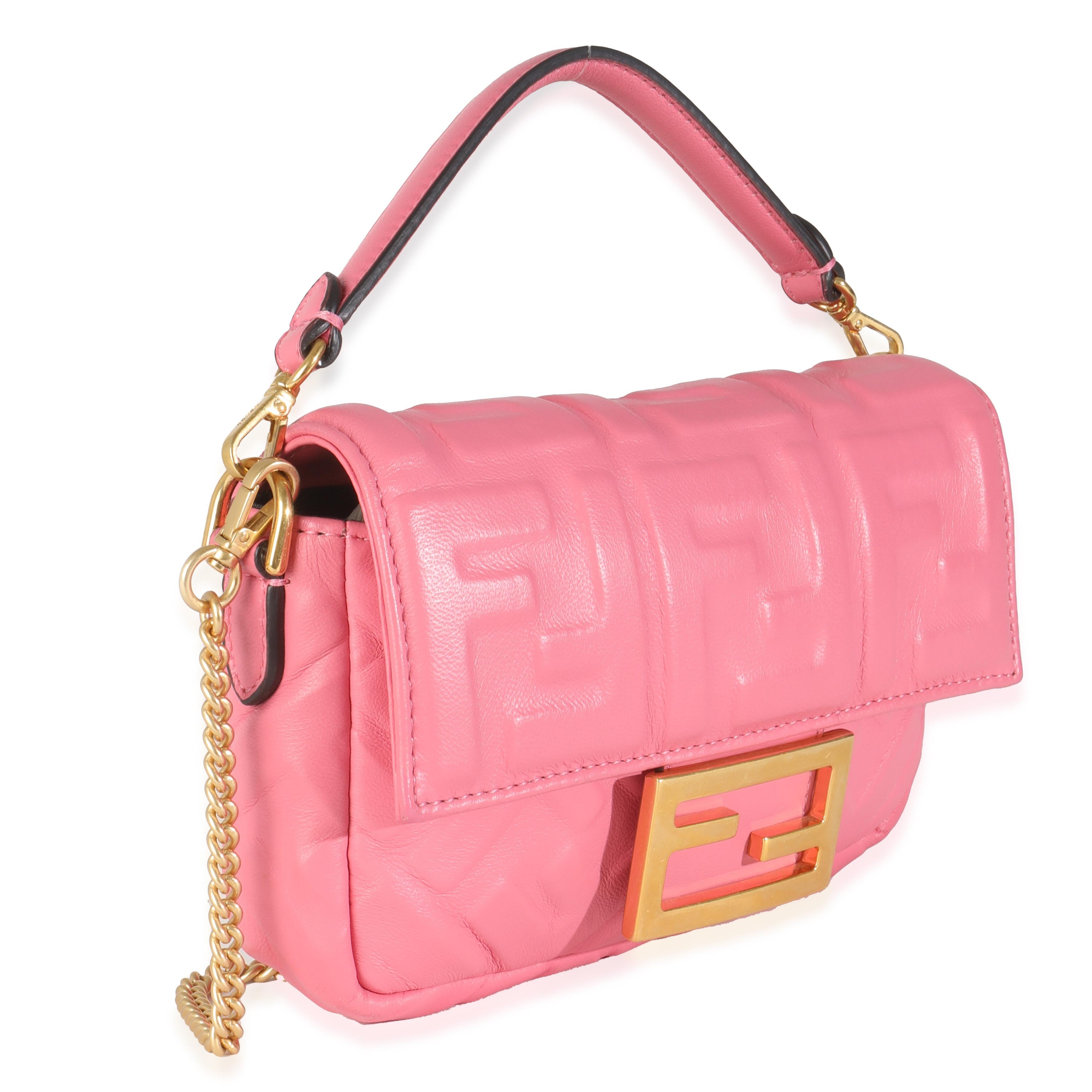 Fendi Pink Dalia FF 1974 Nappa Embossed Mini Baguette Bag In Excellent Condition For Sale In New York, NY