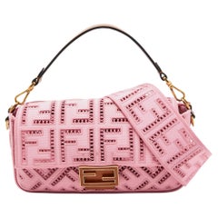 Fendi Pink FF Openwork Embroidered Canvas Medium Baguette Bag