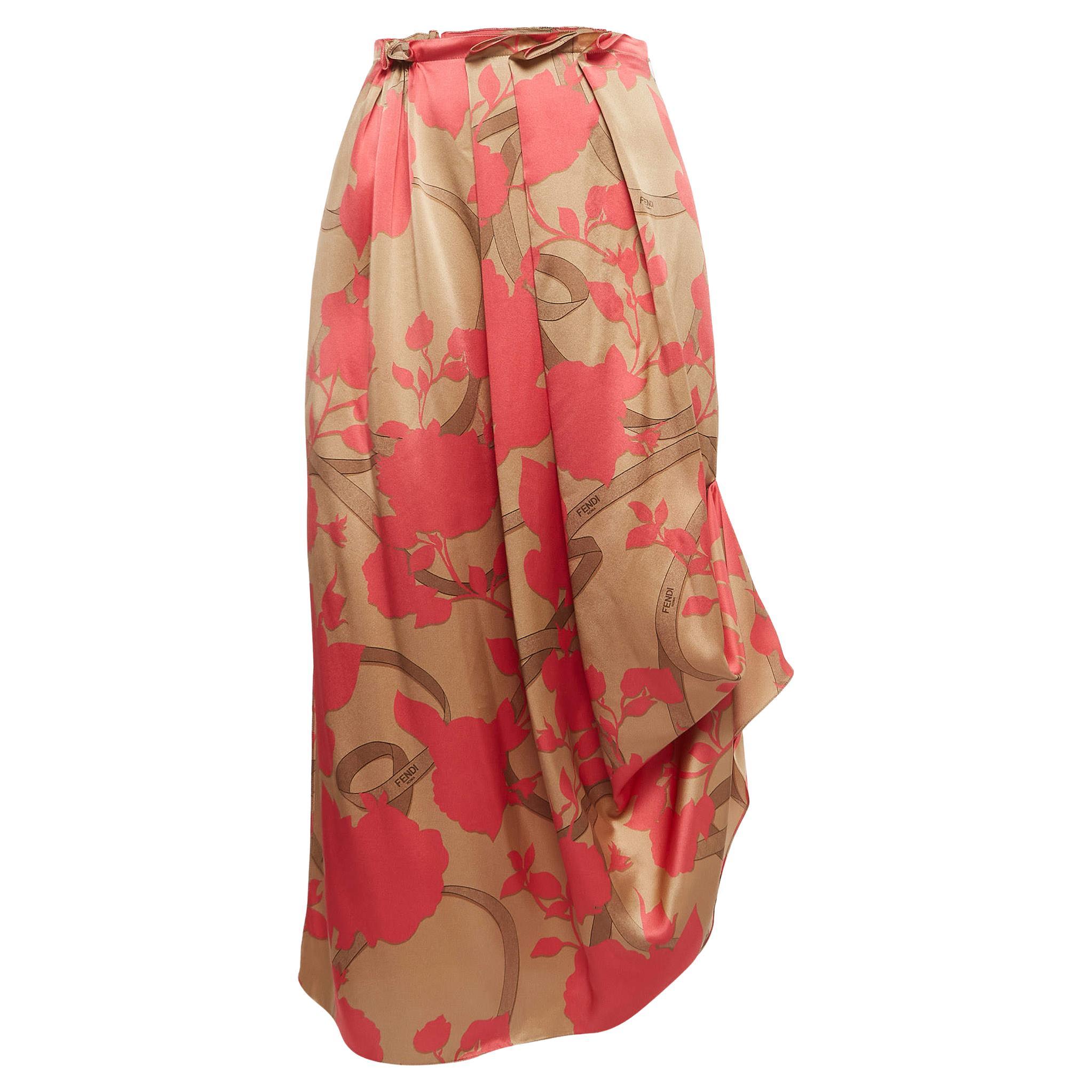Fendi Pink Floral Print Silk Pleated Asymmetric Midi Skirt XS For Sale