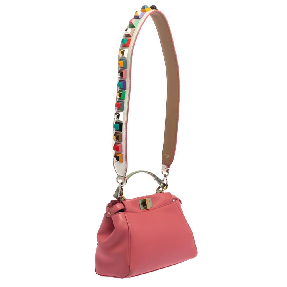 Fendi Pink/Green Leather Mini Peekaboo Top Handle Bag In Good Condition In Dubai, Al Qouz 2