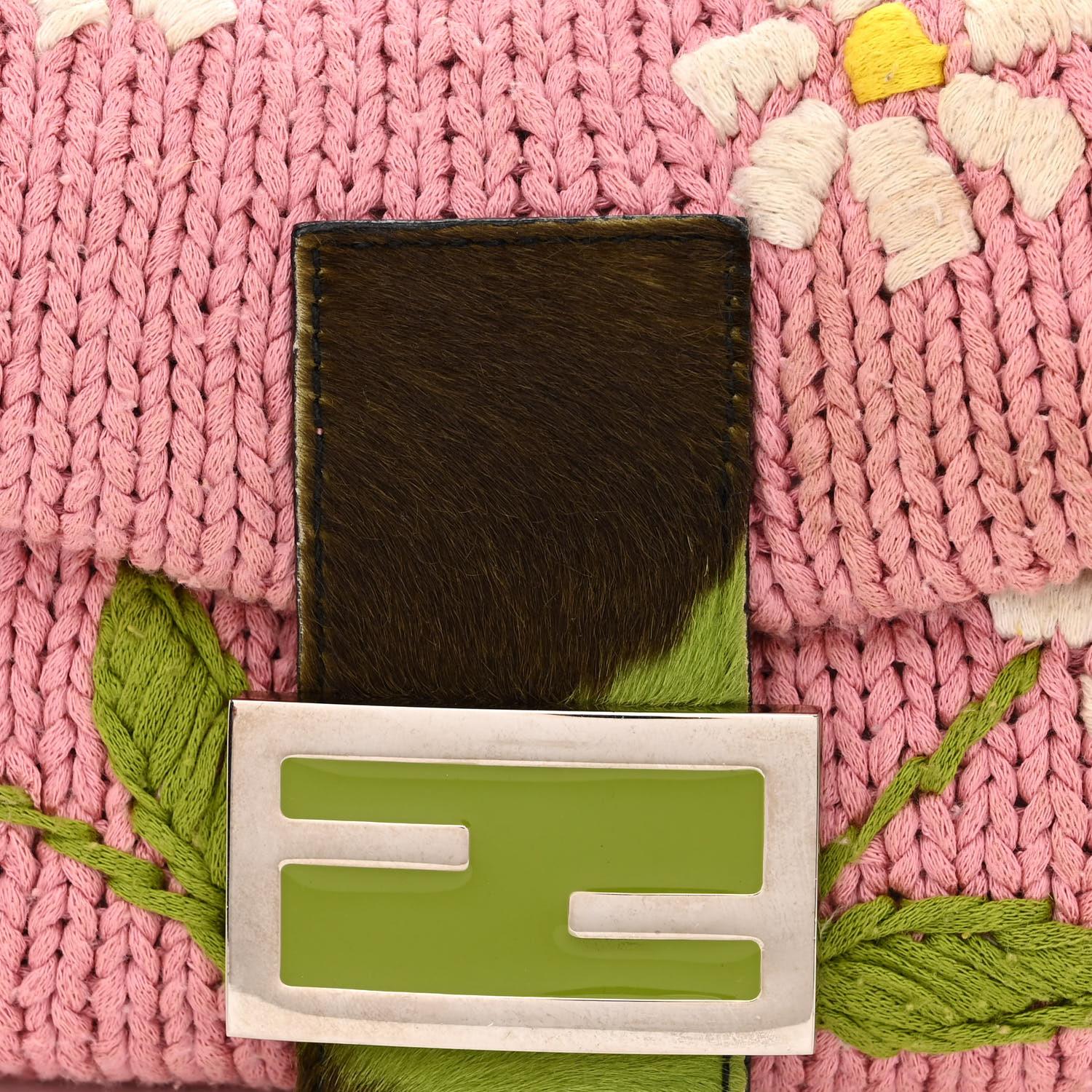 Fendi Pink Knit Floral Embroidered Cow-print Baguette Bag 7