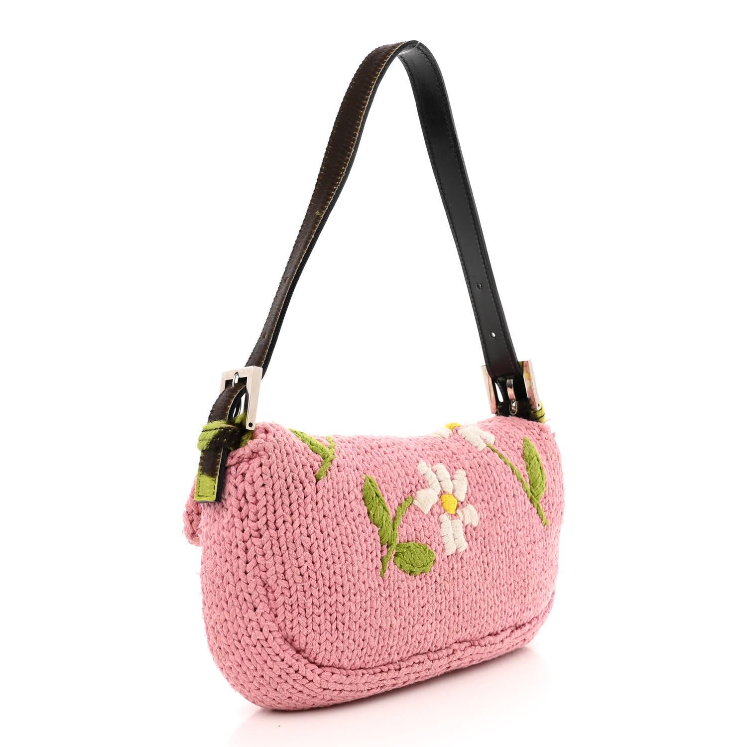 Beige Fendi Pink Knit Floral Embroidered Cow-print Baguette Bag