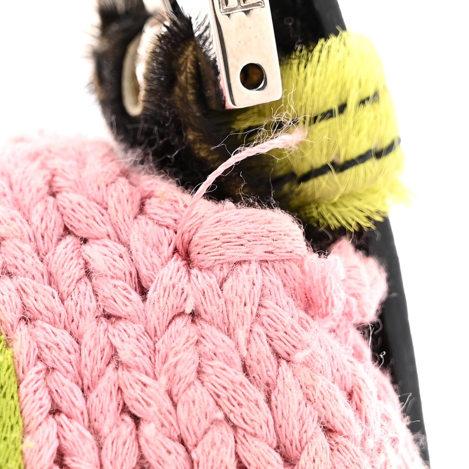 Fendi Pink Knit Floral Embroidered Cow-print Baguette Bag In Excellent Condition In Montreal, Quebec