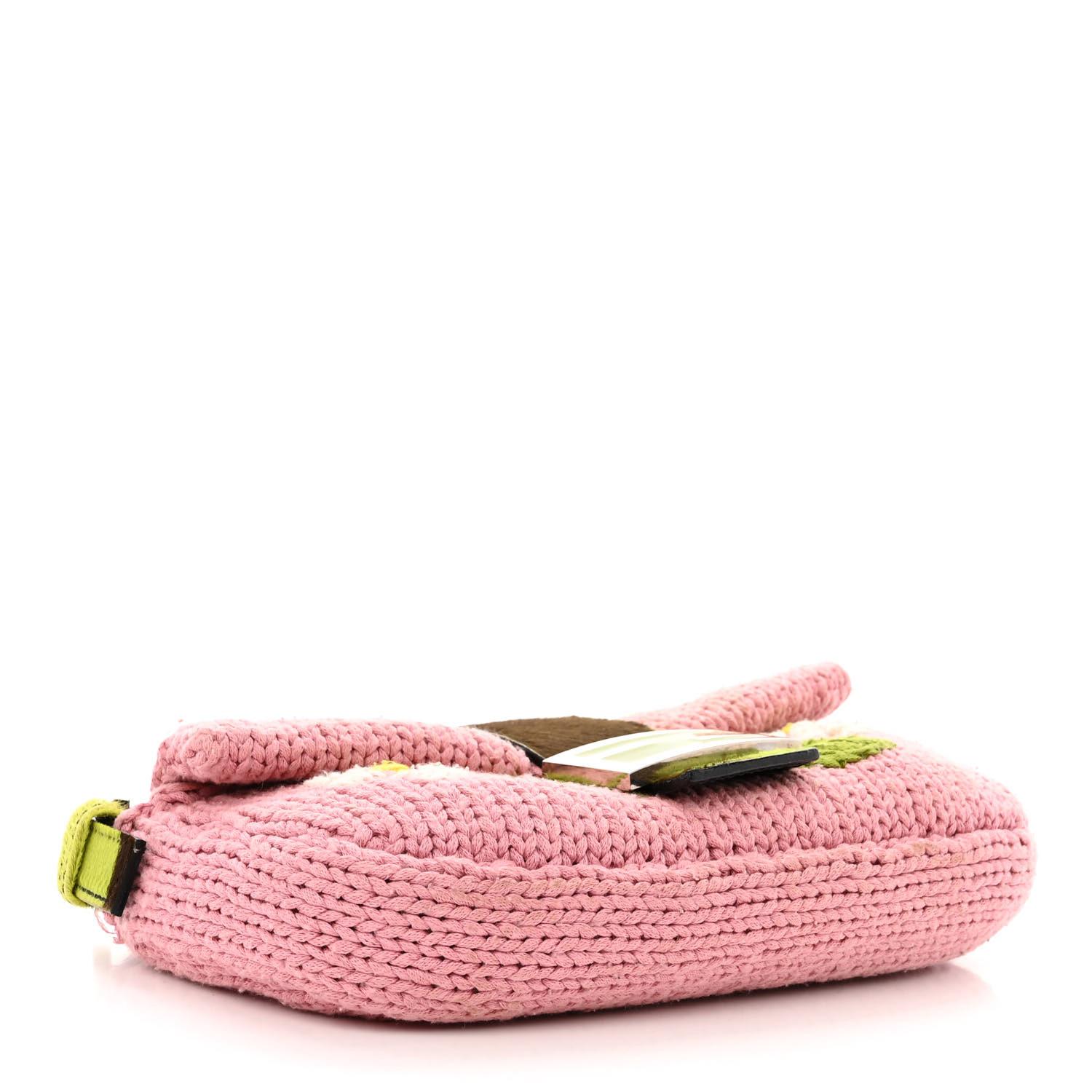 Women's Fendi Pink Knit Floral Embroidered Cow-print Baguette Bag