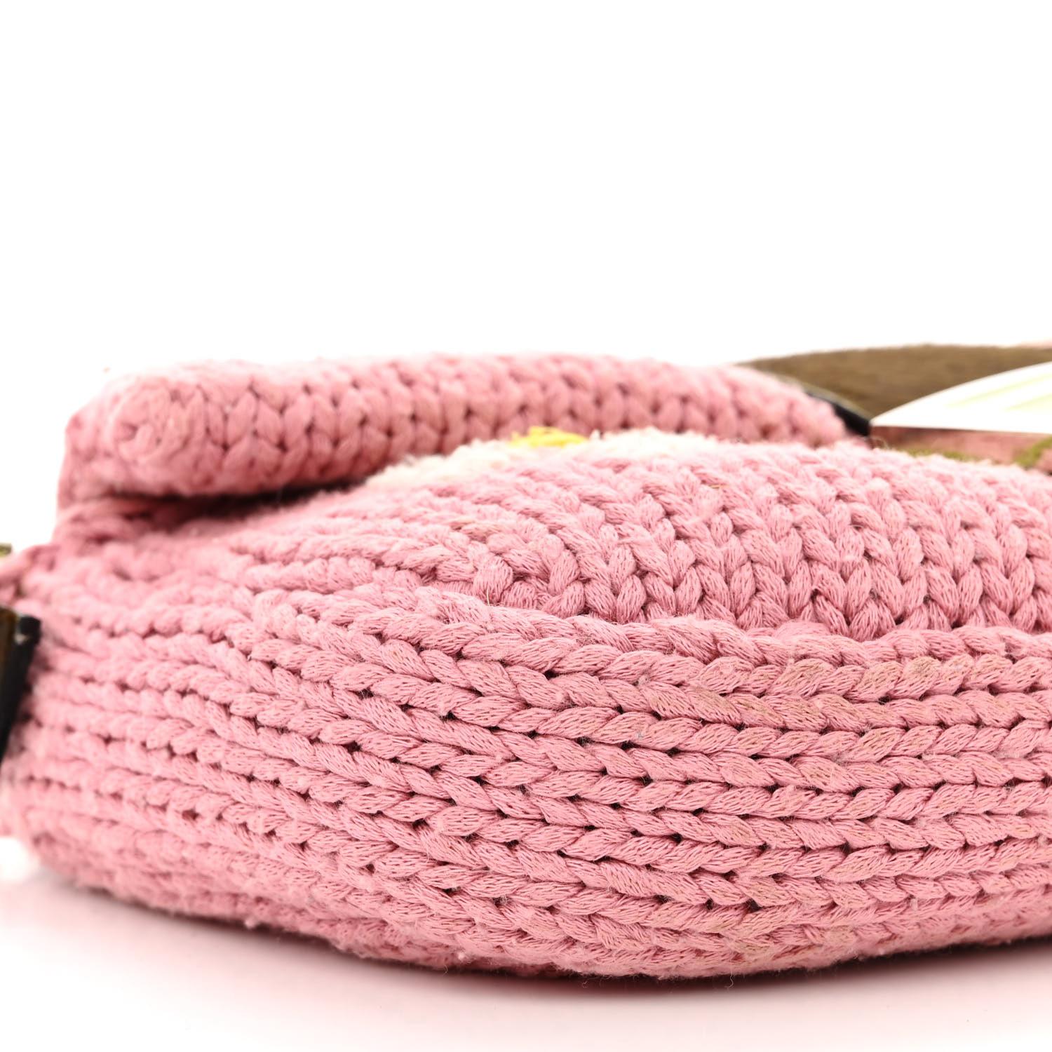 Fendi Pink Knit Floral Embroidered Cow-print Baguette Bag 1