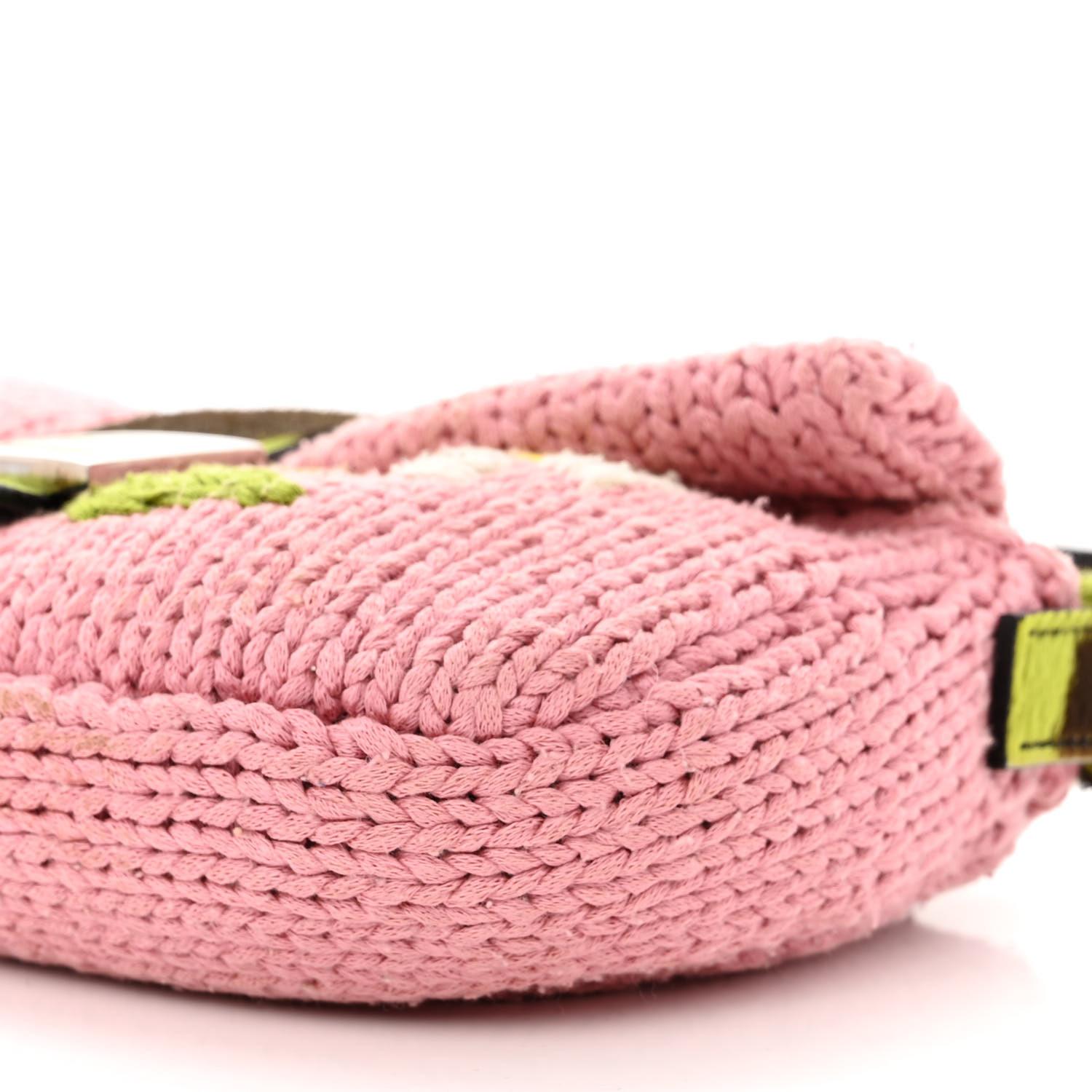 Fendi Pink Knit Floral Embroidered Cow-print Baguette Bag 2