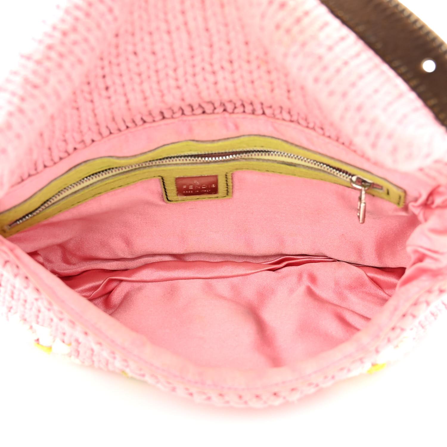 Fendi Pink Knit Floral Embroidered Cow-print Baguette Bag 4