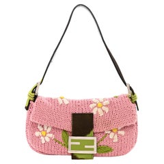 Fendi Pink Knit Floral Embroidered Cow-print Baguette Bag