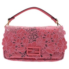 Fendi Pink Lace Embroidered Patent Leather Medium Baguette Bag