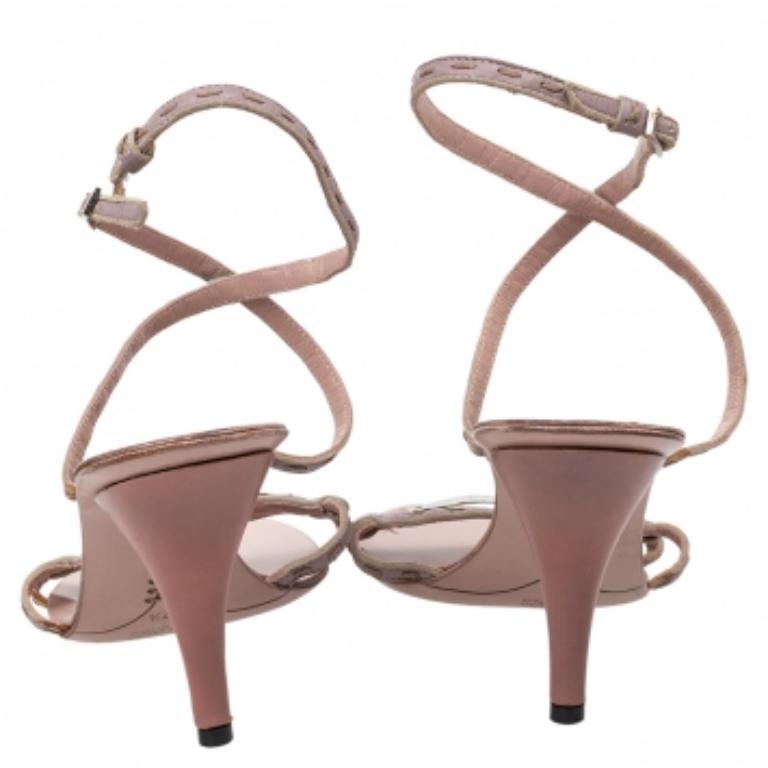 Beige Fendi Pink Leather Ankle Strap Sandals Size 37.5
