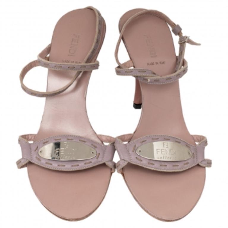 Fendi Pink Leather Ankle Strap Sandals Size 37.5 In Good Condition In Dubai, Al Qouz 2