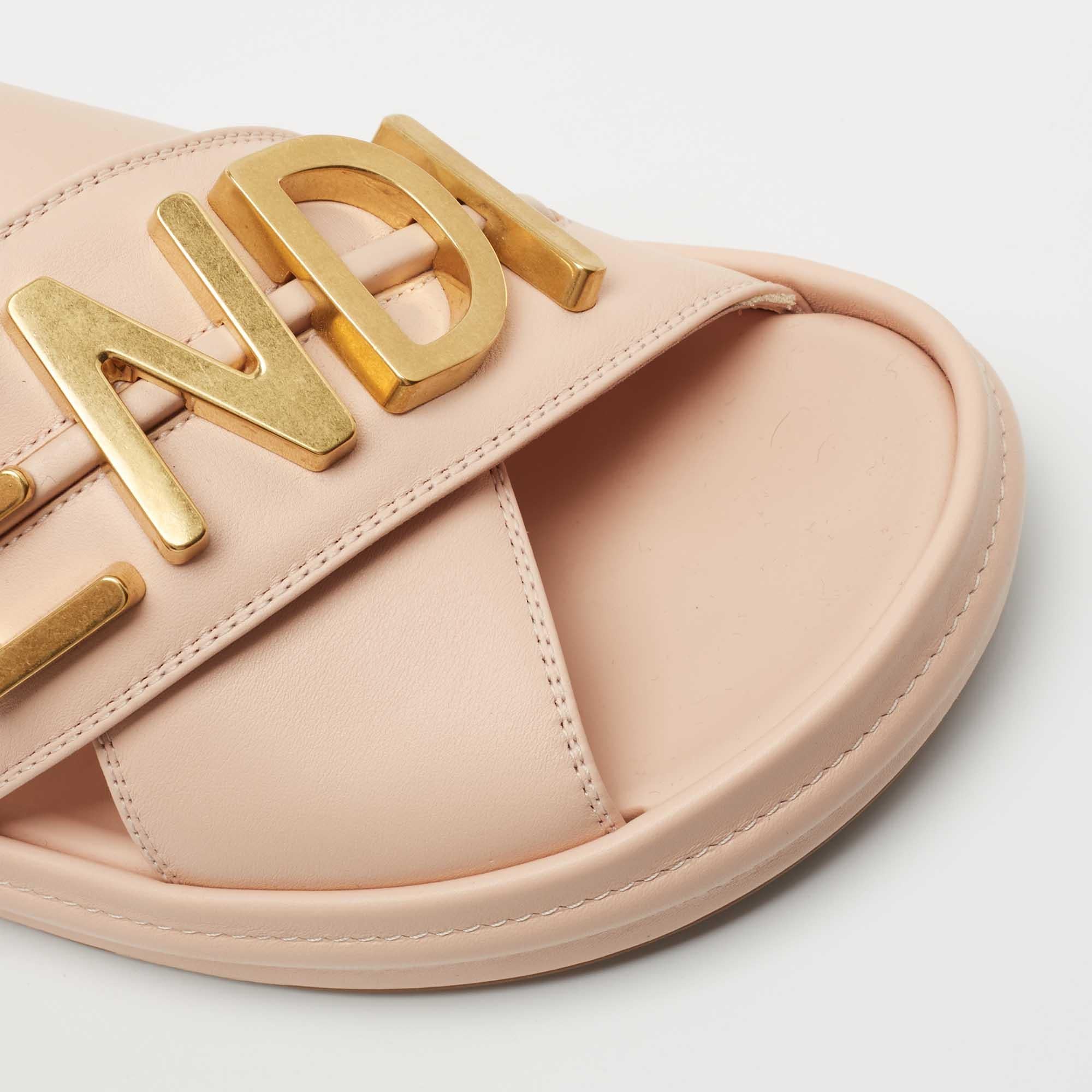 Women's Fendi Pink Leather Fendigraphy Flat Slides Size 38.5
