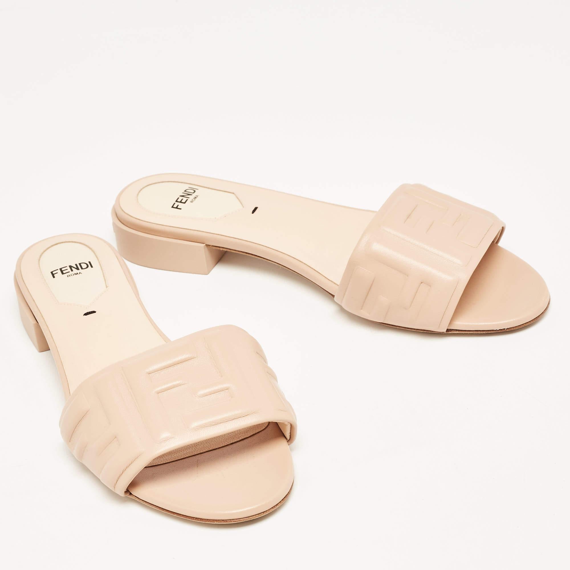 White Fendi Pink Leather FF Embossed Slides Size 37