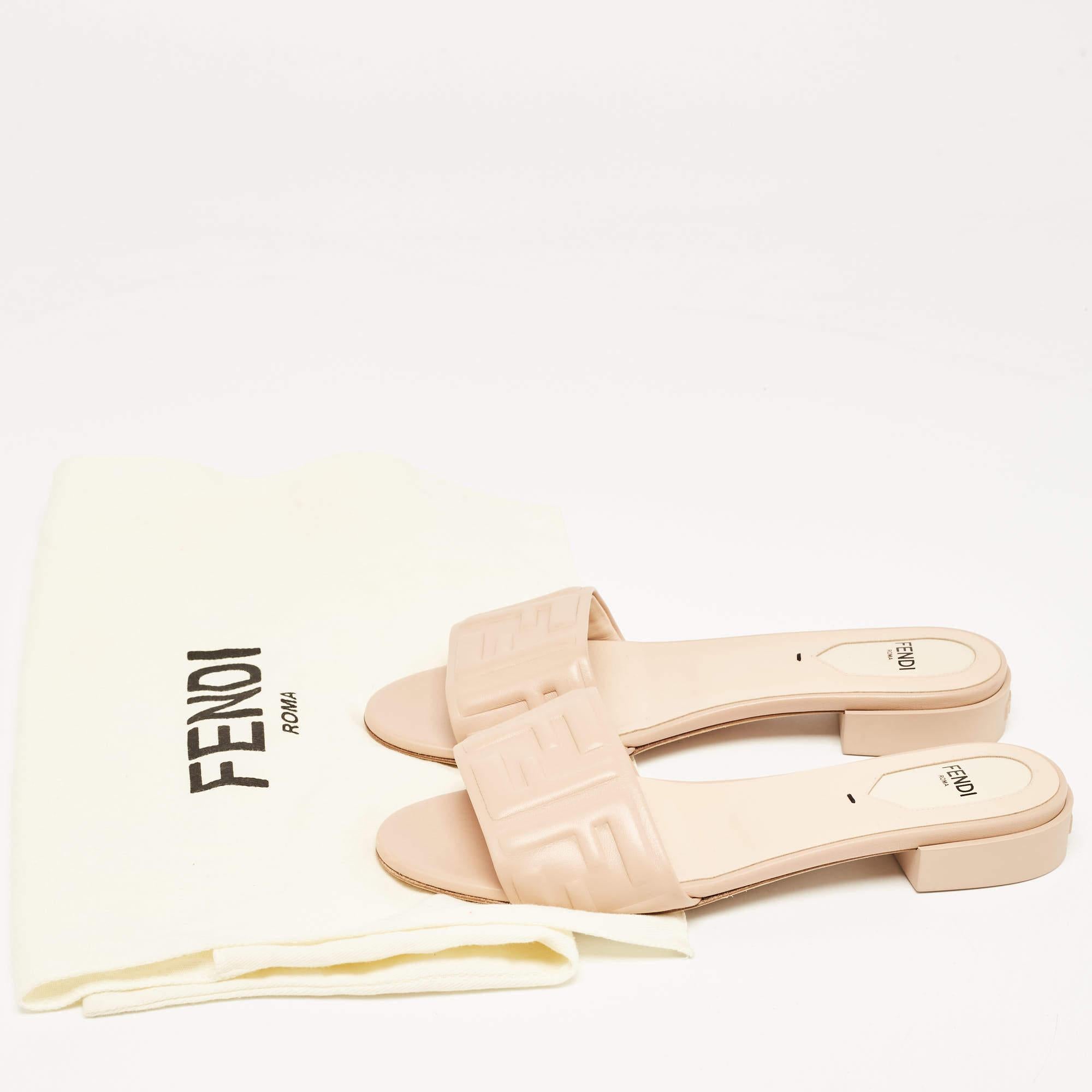 Fendi Pink Leather FF Embossed Slides Size 37 4