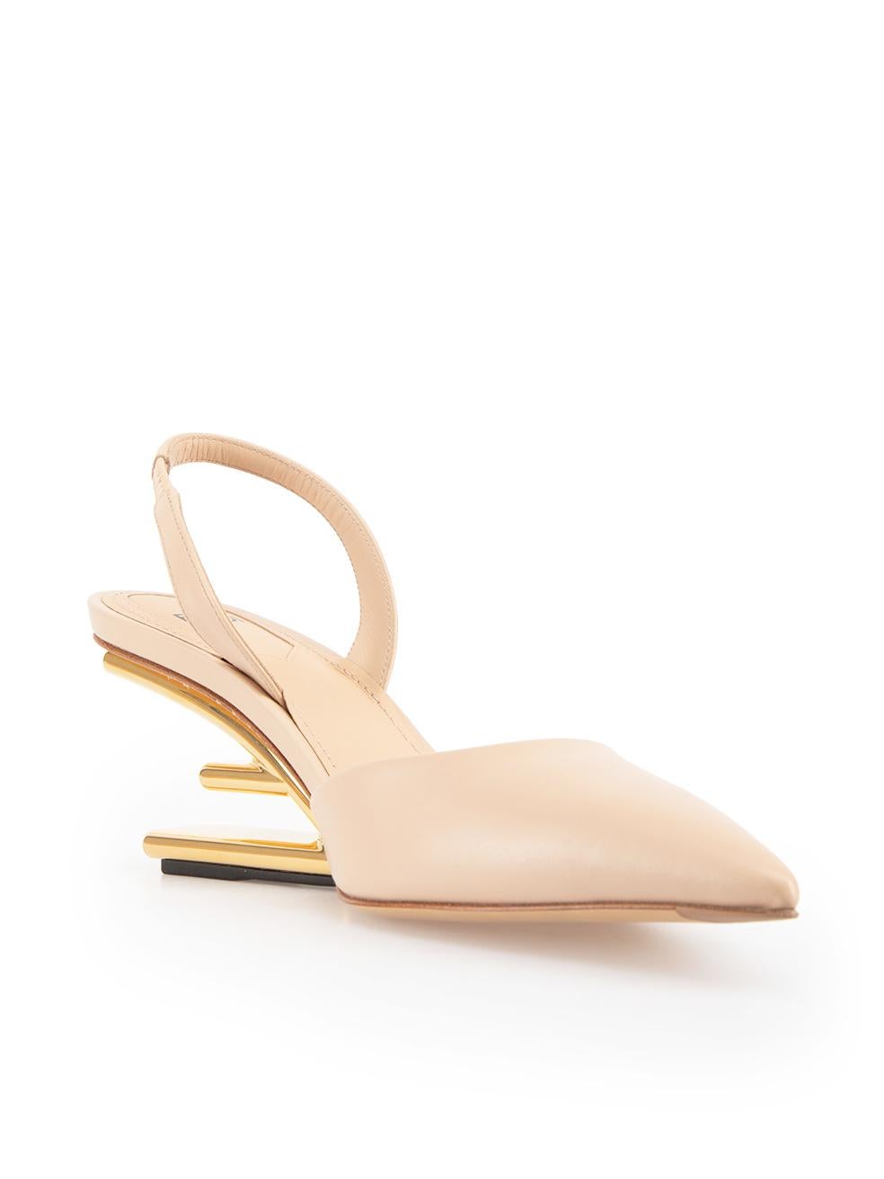CONDITION is New with tags on this brand new Fendi designer item. This item comes with original packaging.
 
 
 
 Details
 
 
 Model: 8J8403NA7 F18ZI
 
 Pink
 
 Leather
 
 Pumps
 
 Slingback
 
 Pointed toe
 
 Mid heel
 
 Gold tone sculptural heel