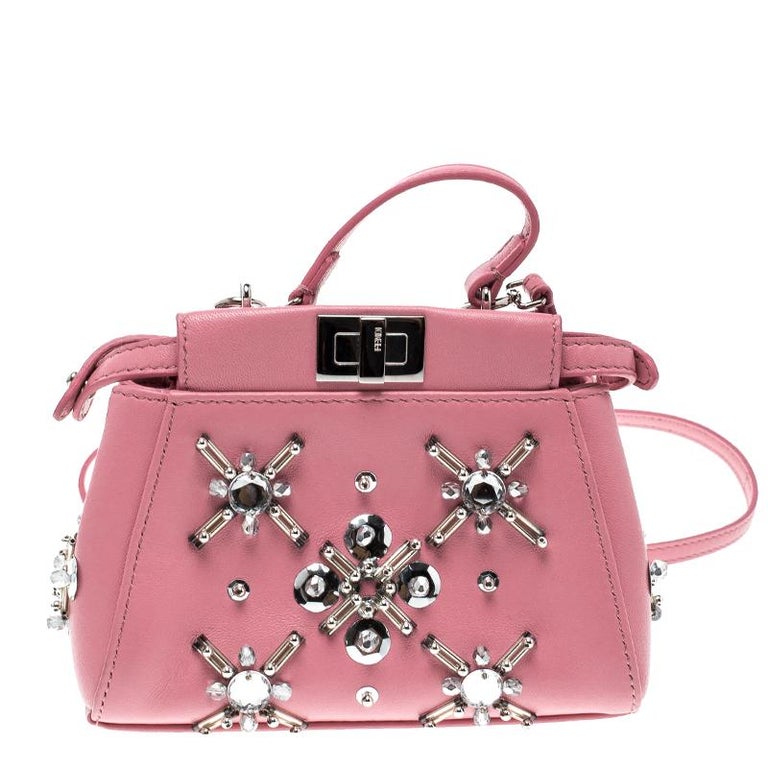 Fendi Pink Leather Micro Crystal Embellished Peekaboo Crossbody Bag For ...