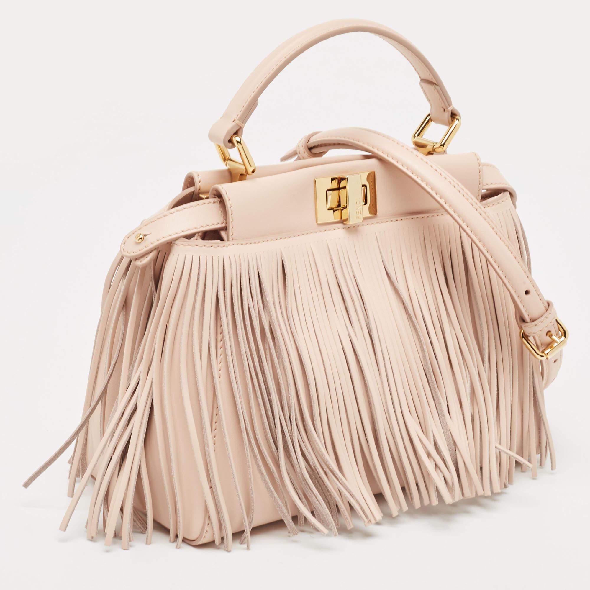 Fendi Pink Leather Mini Fringe Peekaboo Top Handle Bag For Sale 6