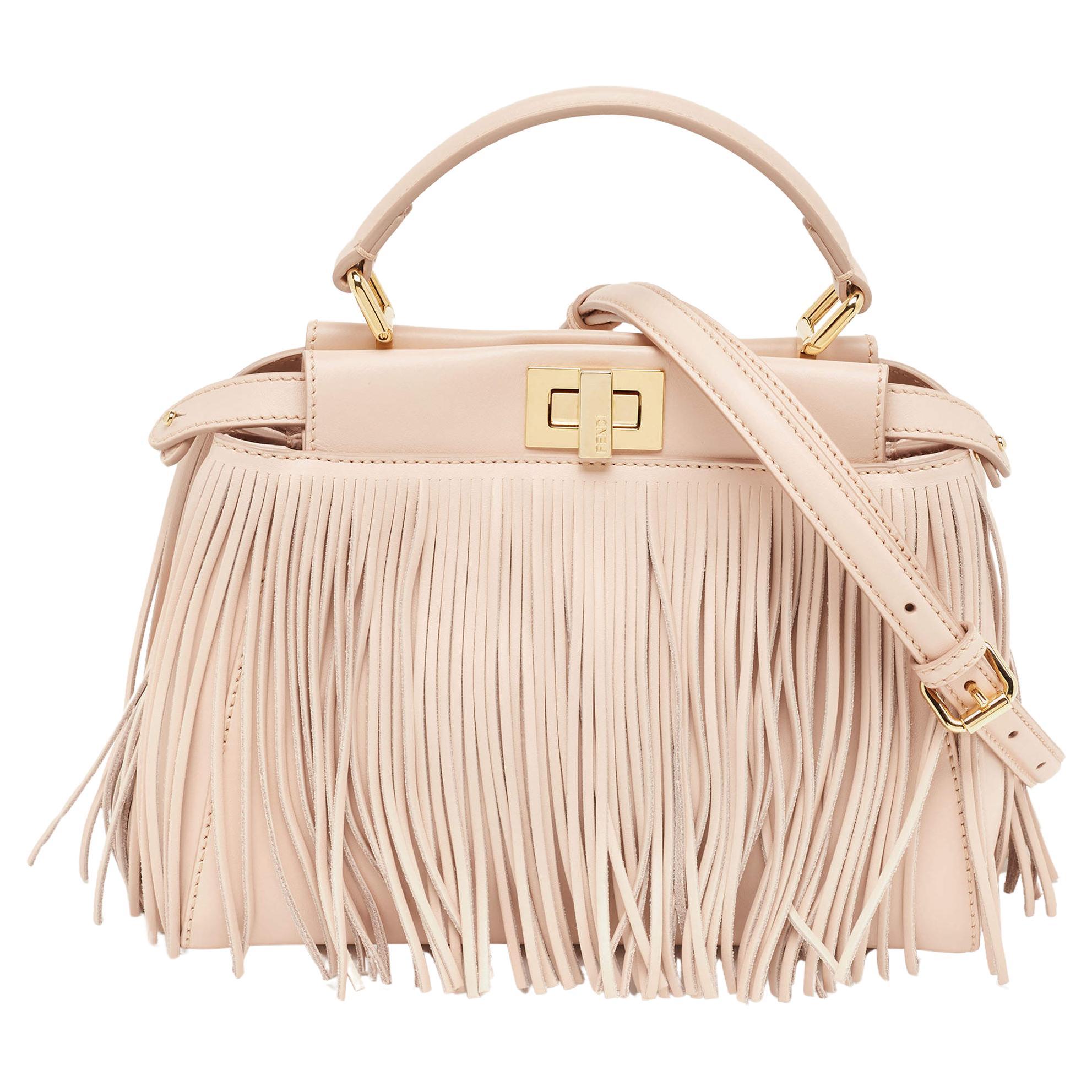 Fendi Pink Leather Mini Fringe Peekaboo Top Handle Bag For Sale