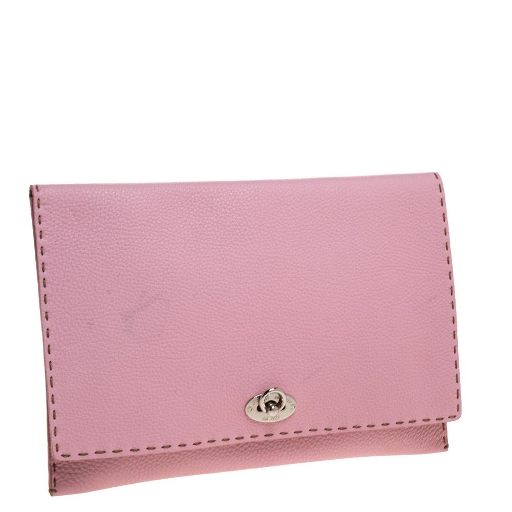 Brown Fendi Pink Leather Selleria Flap Clutch