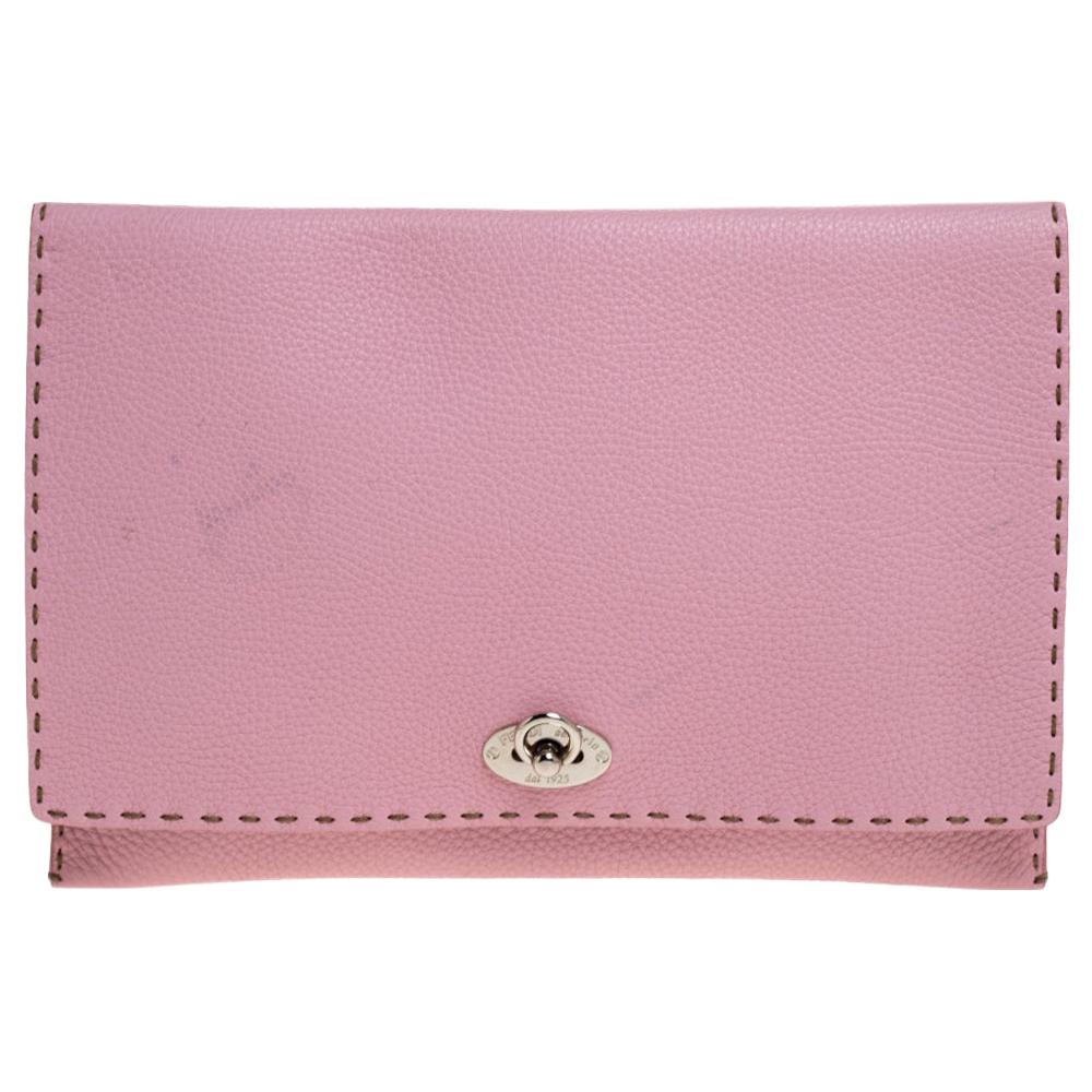 Fendi Pink Leather Selleria Flap Clutch