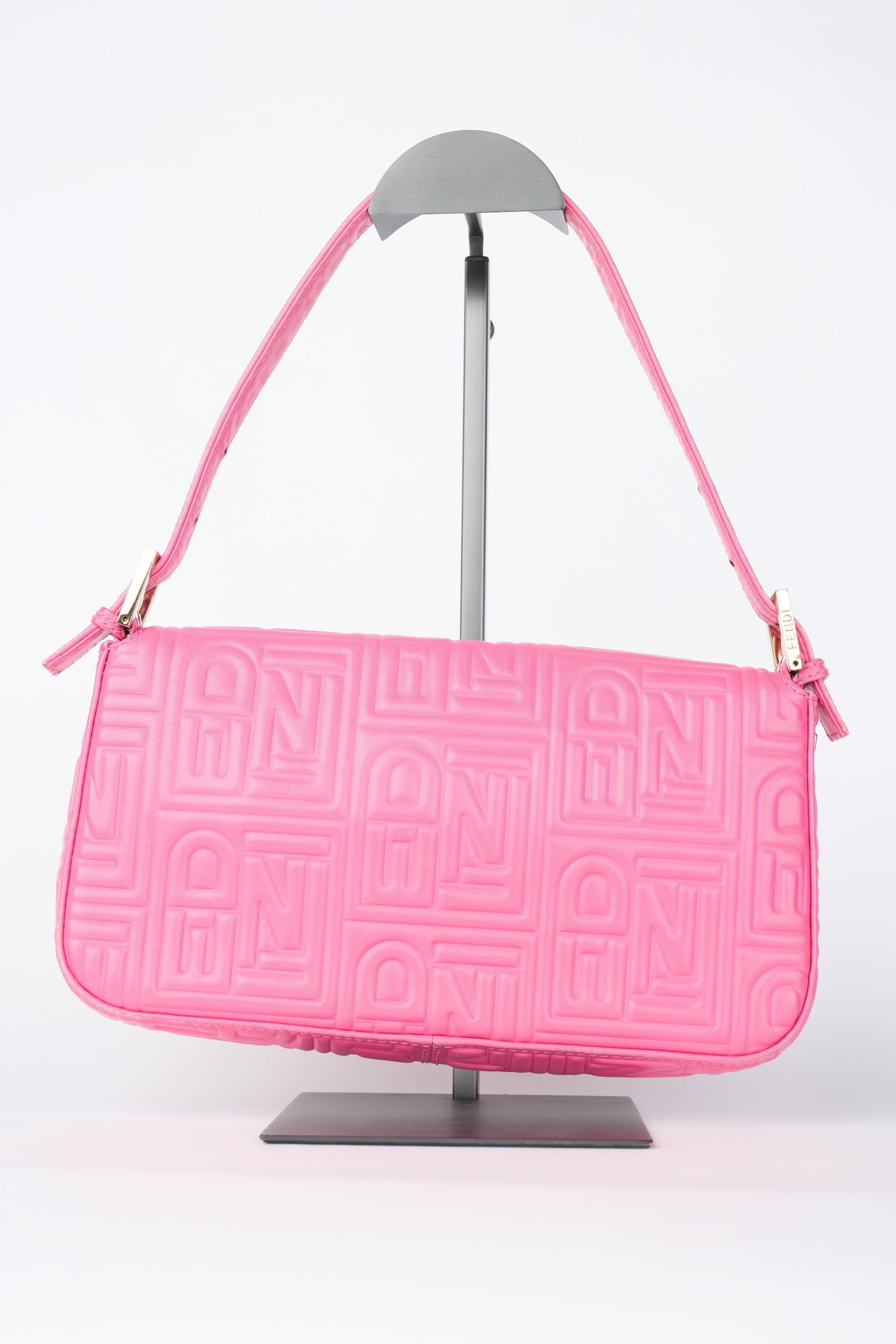 Fendi Pink Logo Embossed Nappa Leather Baguette Bag In Good Condition For Sale In Montreal, Quebec