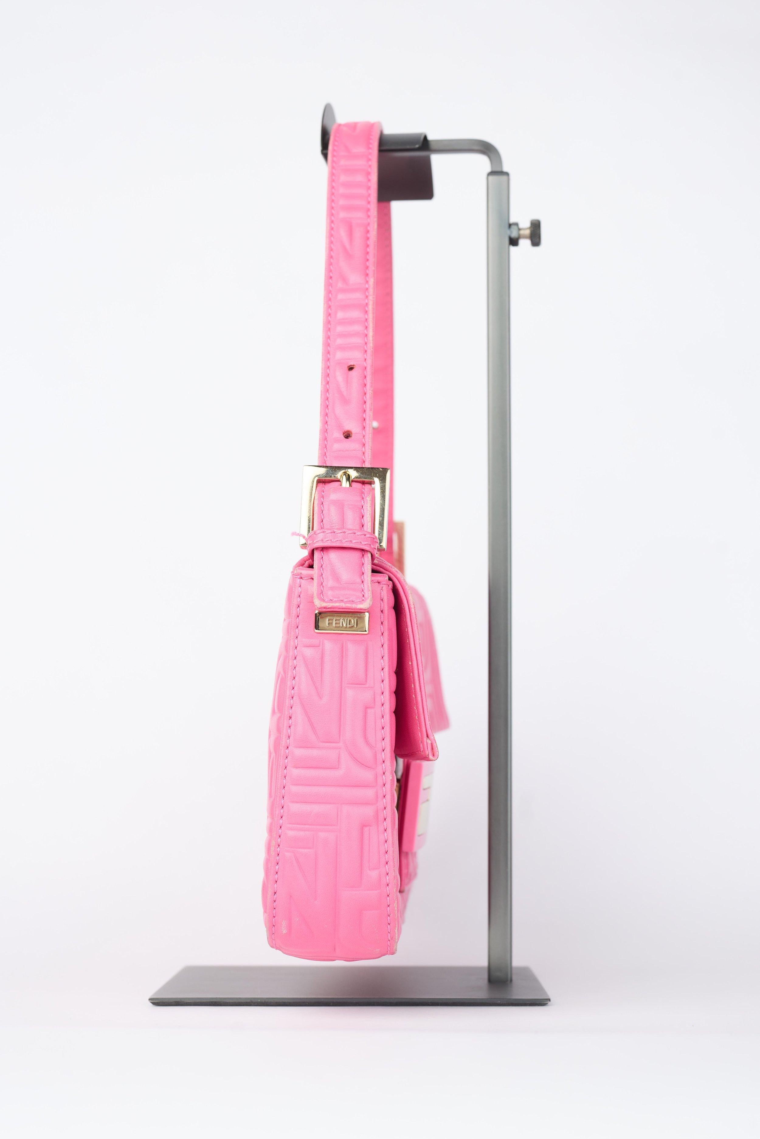 Women's Fendi Pink Logo Embossed Nappa Leather Baguette Bag For Sale