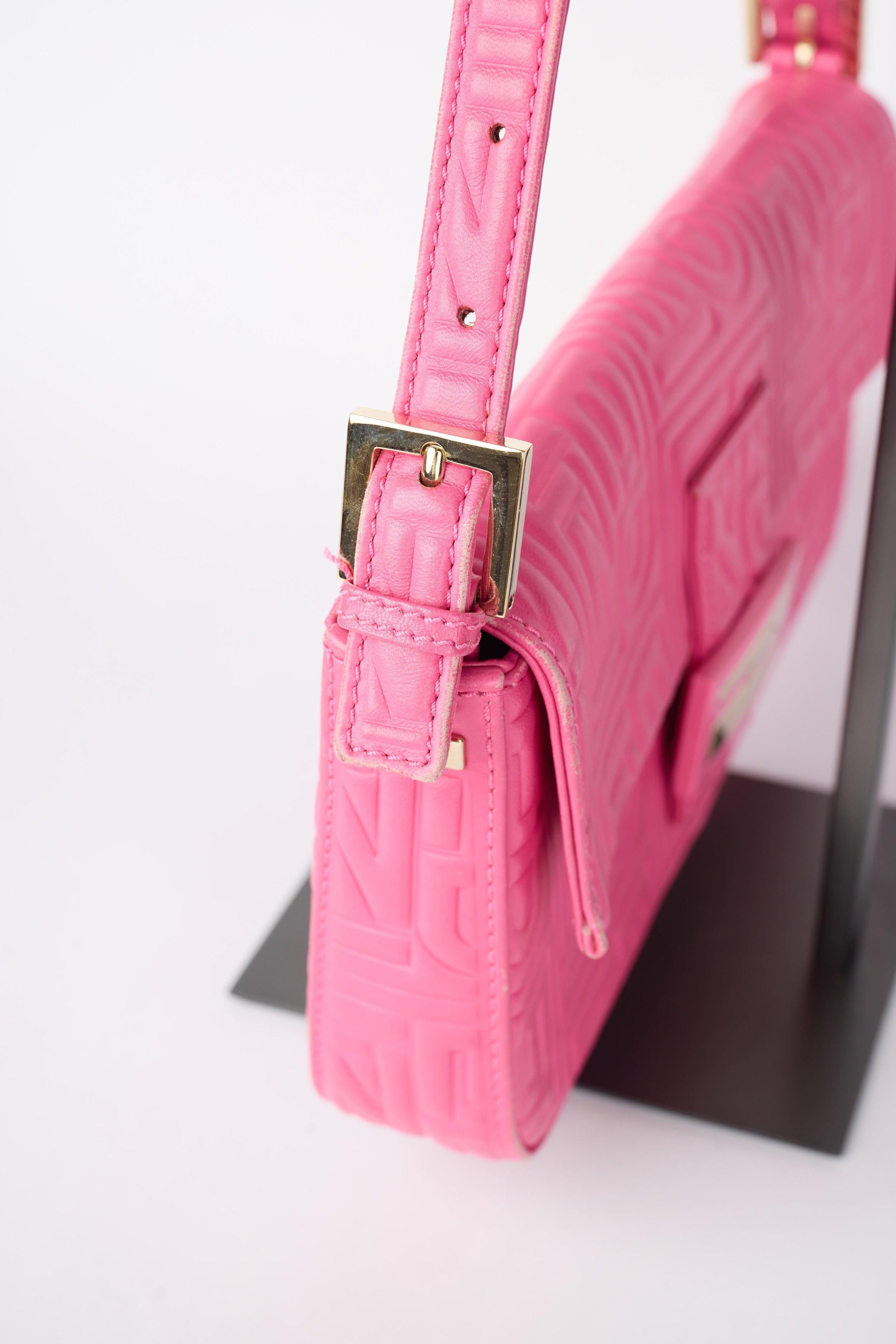 Fendi Pink Logo Embossed Nappa Leather Baguette Bag For Sale 1