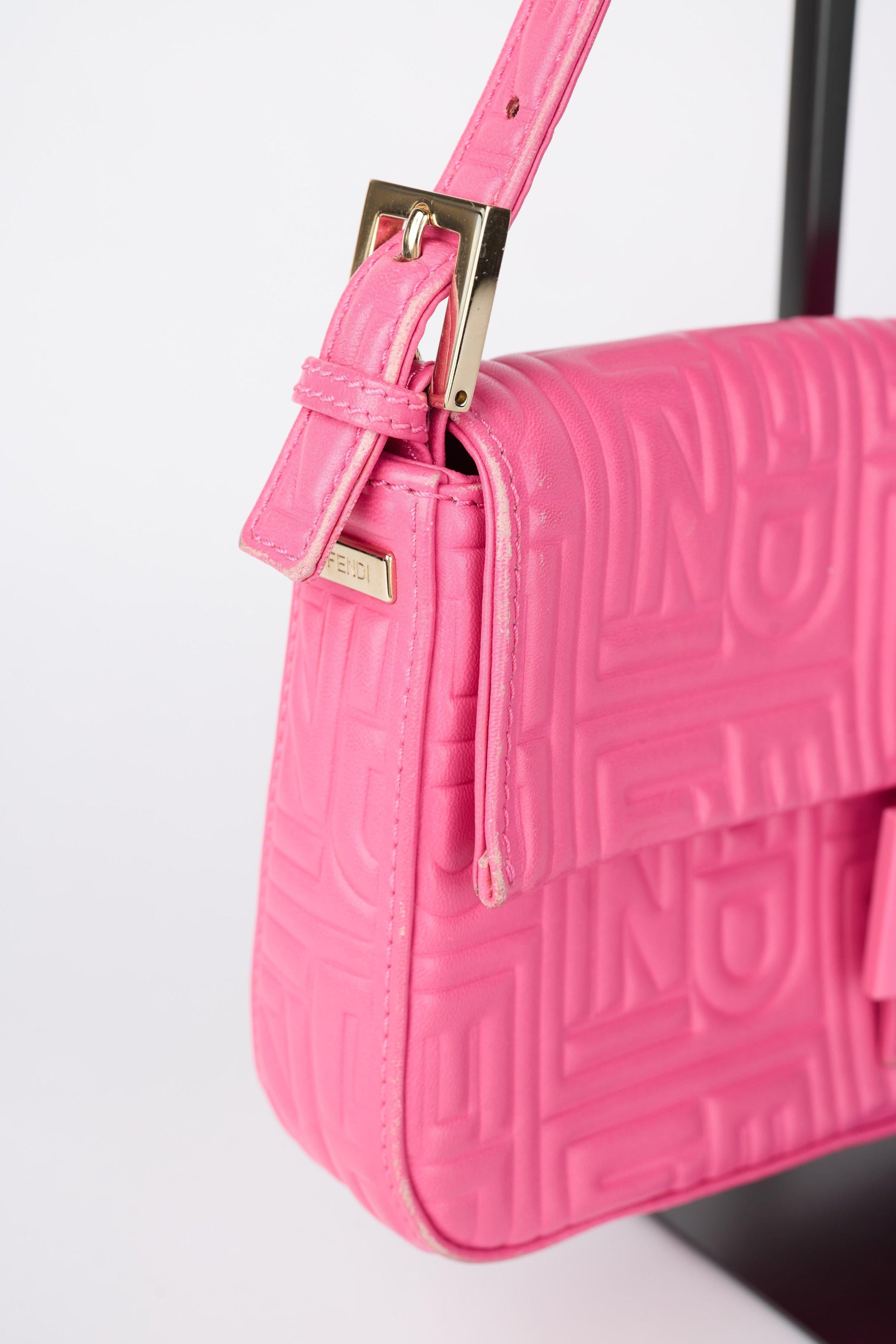 Fendi Pink Logo Embossed Nappa Leather Baguette Bag For Sale 4