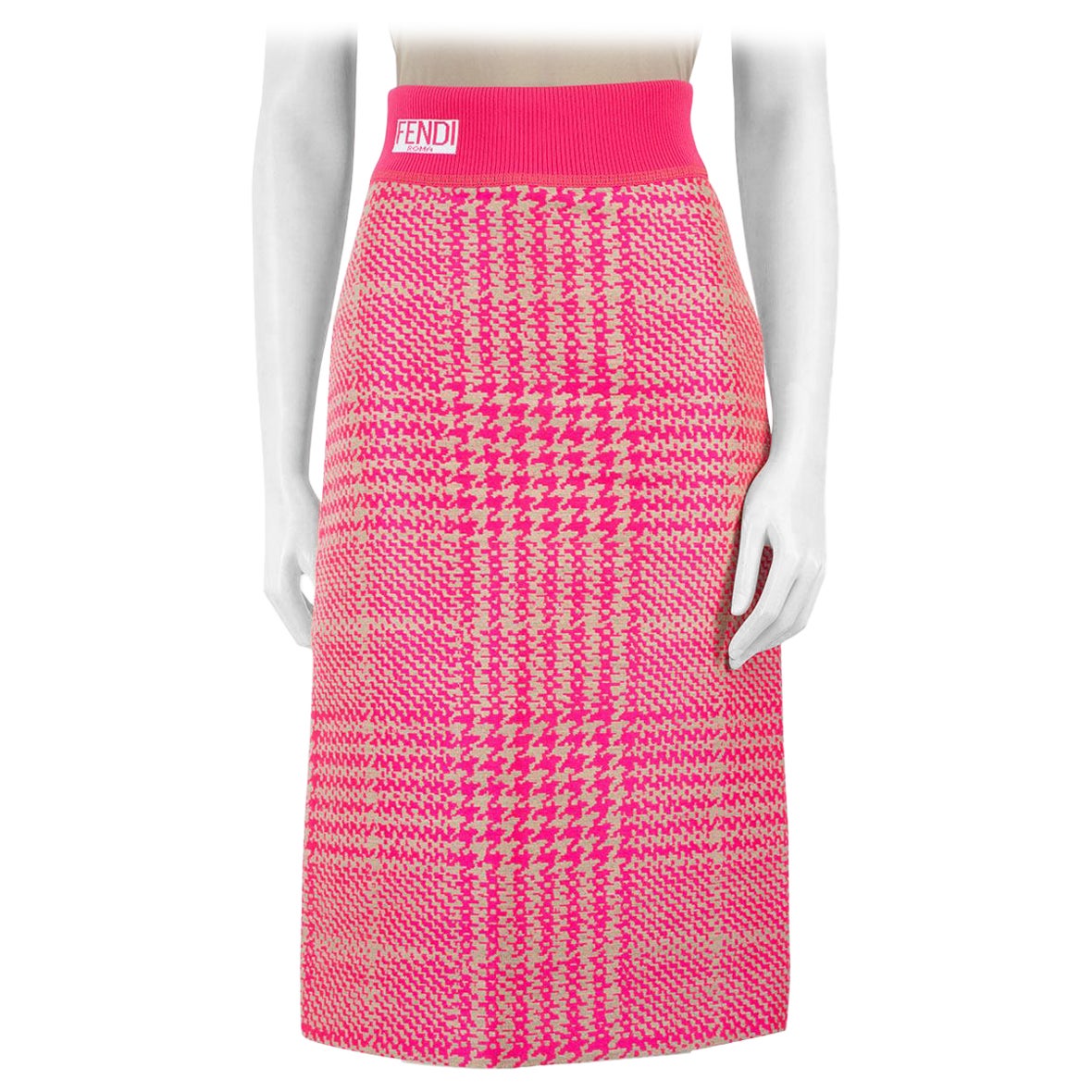 Fendi Pink Logo Houndstooth Pattern Knee-length Skirt Size XS