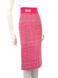 Fendi Pink Logo Houndstooth Pattern Midi Skirt Size XS
