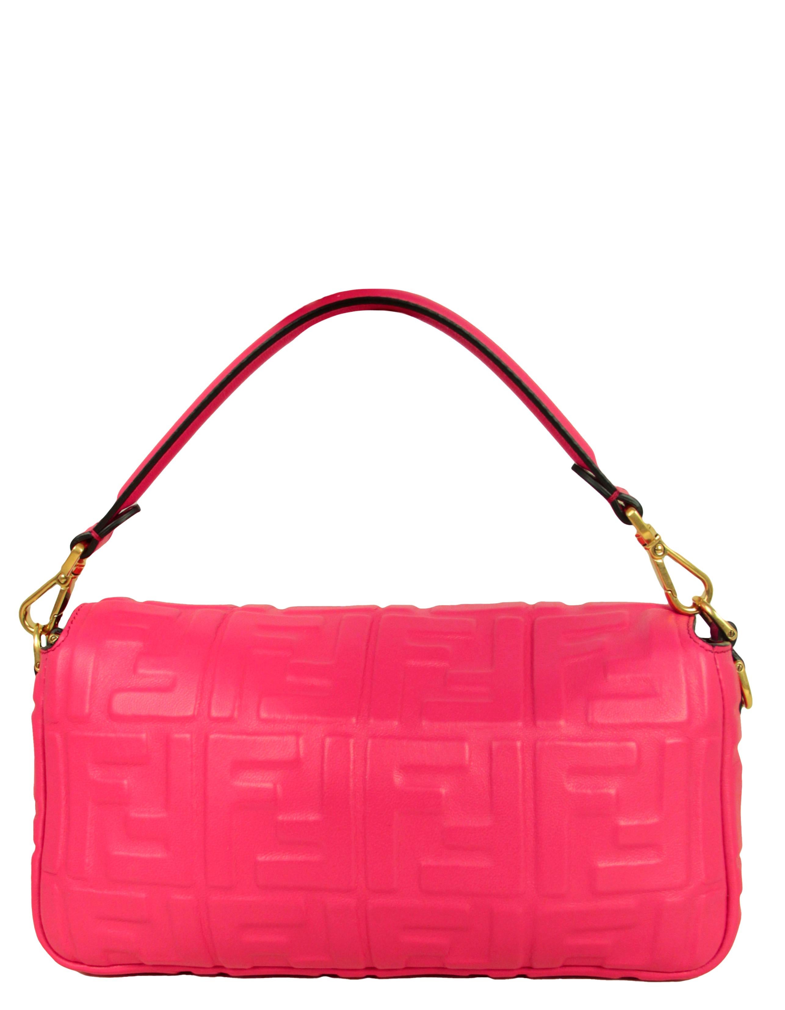Fendi Pink Nappa Embossed Logo FF 1974 Large Baguette NM Bag w/ Two Straps In Excellent Condition In New York, NY