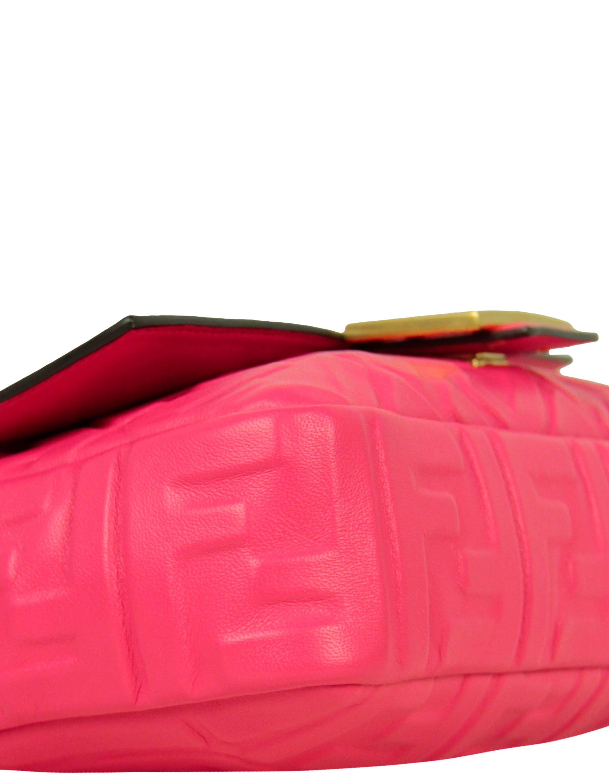 Women's Fendi Pink Nappa Embossed Logo FF 1974 Large Baguette NM Bag w/ Two Straps