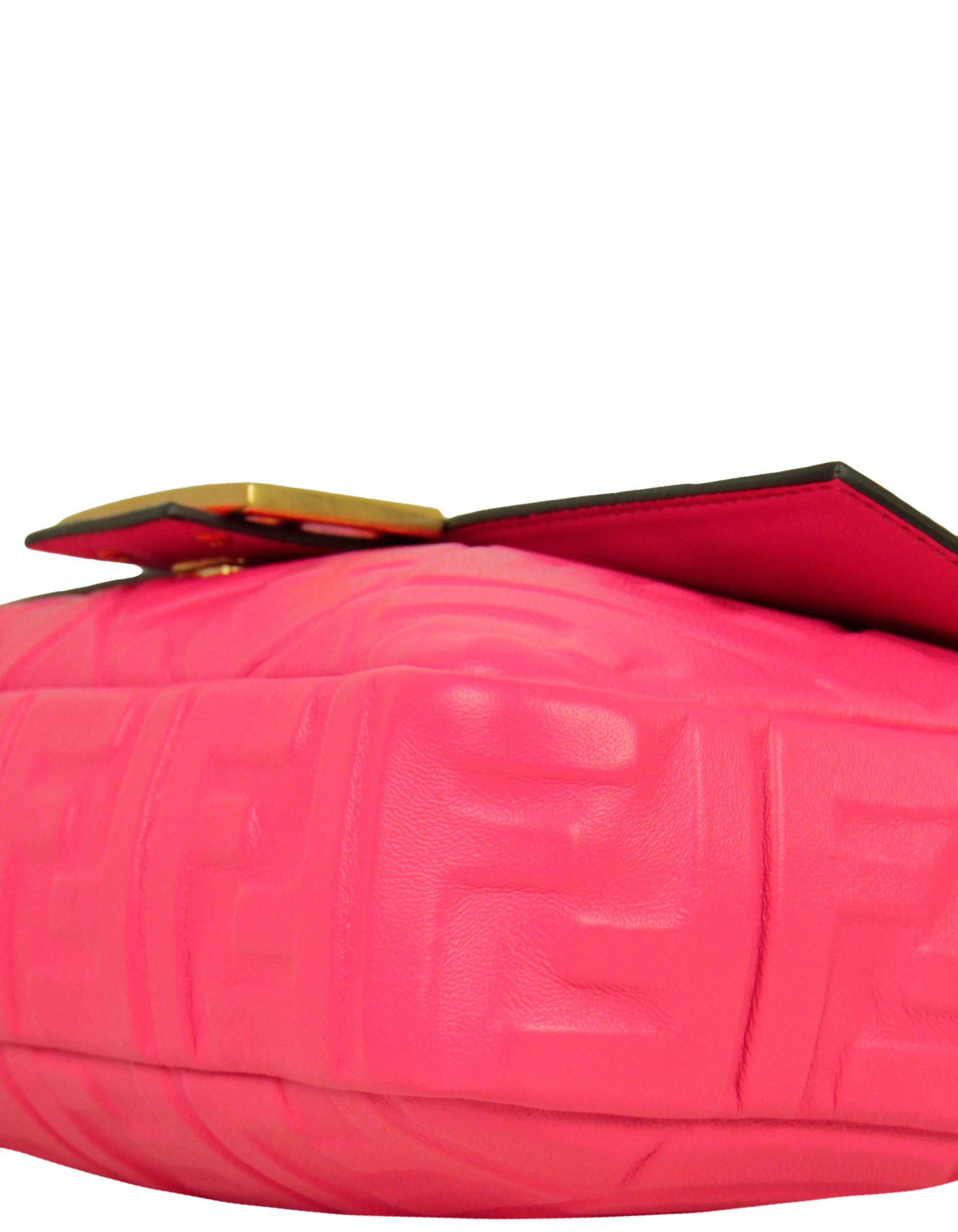 Women's Fendi Pink Nappa Embossed Logo FF 1974 Large Baguette NM Bag w/ Two Straps