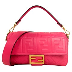 Fendi Pink Nappa Embossed Logo FF 1974 Large Baguette NM Bag w/ Two Straps