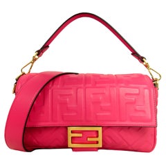 Fendi Pink Nappa Embossed Logo FF 1974 Medium Baguette NM Bag w/ Two Straps