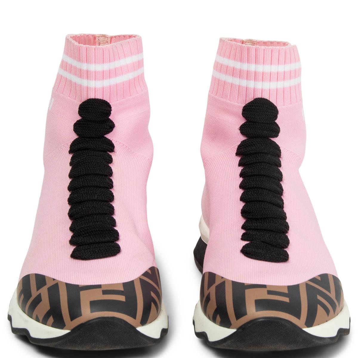 100% authentic Fendi sock sneakers in bubble gum pink stretchy fabric featuring black faux lace detail and brown and black logo cap. Rubber sole. Have been worn and are in excellent condition. 

Measurements
Imprinted Size	36
Shoe Size	36
Inside