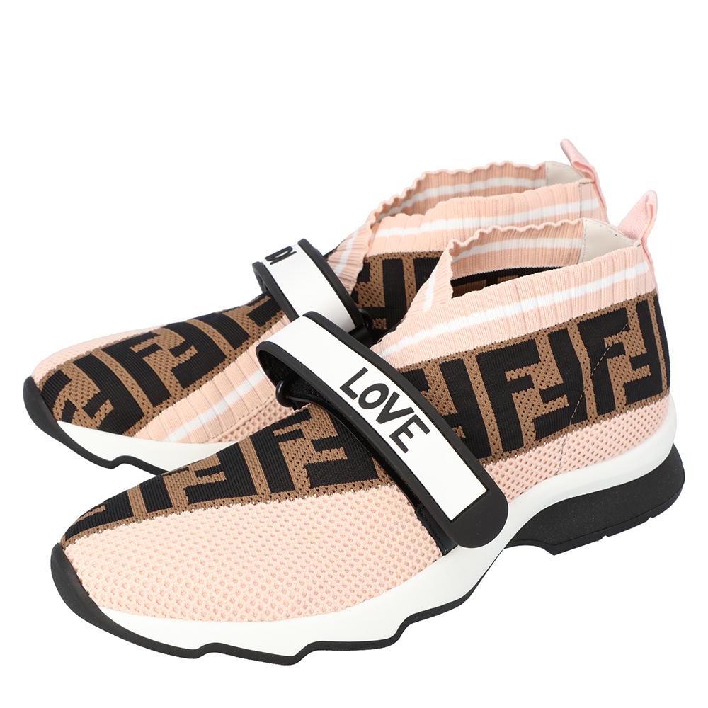 White Fendi Pink Rockoko Knit Sneakers Size 40