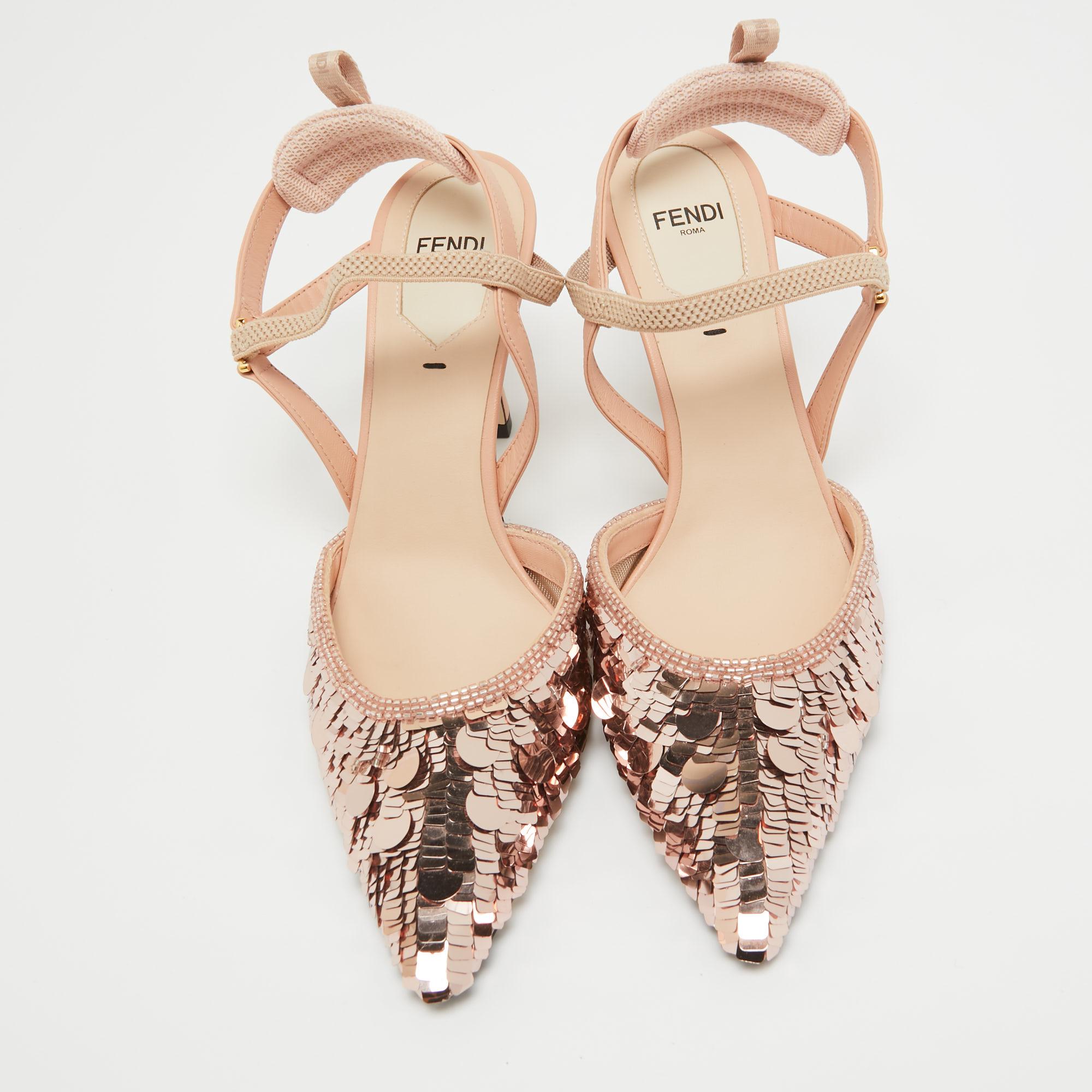 Fendi Pink Sequins Colibri Slingback Pumps Size 37 In Good Condition In Dubai, Al Qouz 2