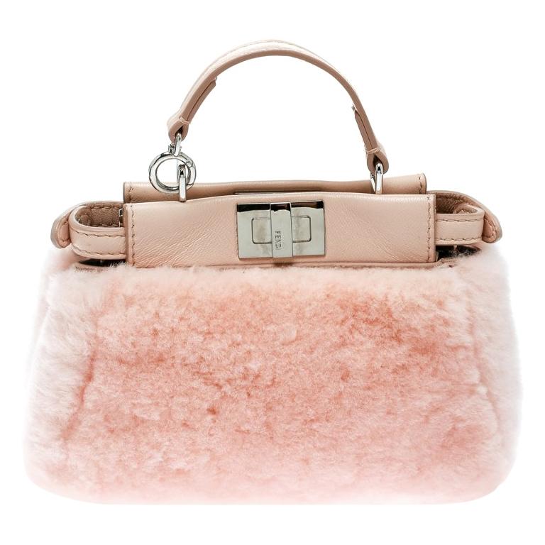 Fendi Pink Shearling Micro Peekaboo Crossbody Bag For Sale at 1stDibs