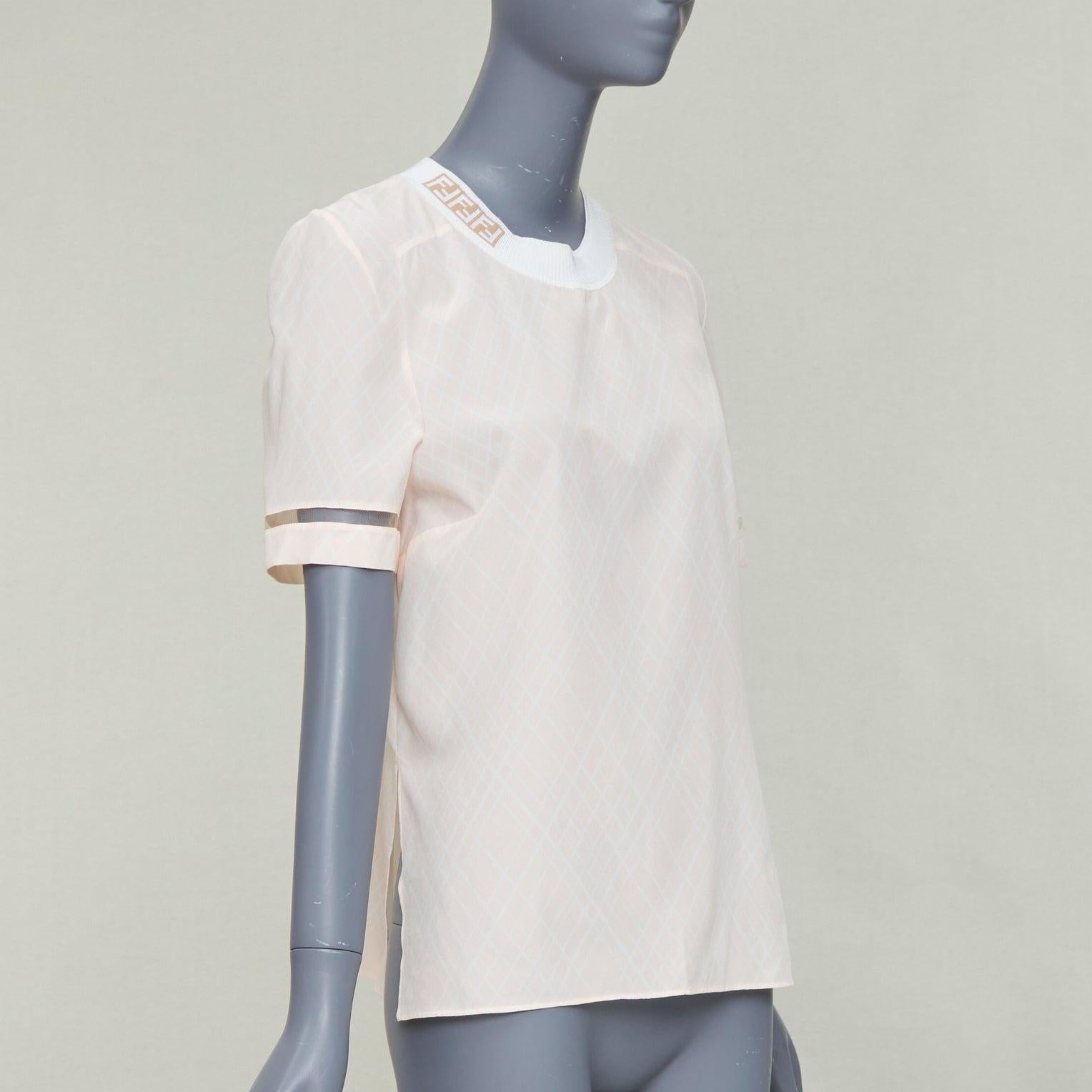 FENDI rosa sedoso nude FF monograma cuello redondo a cuadros rombos top manga corta Gris en venta