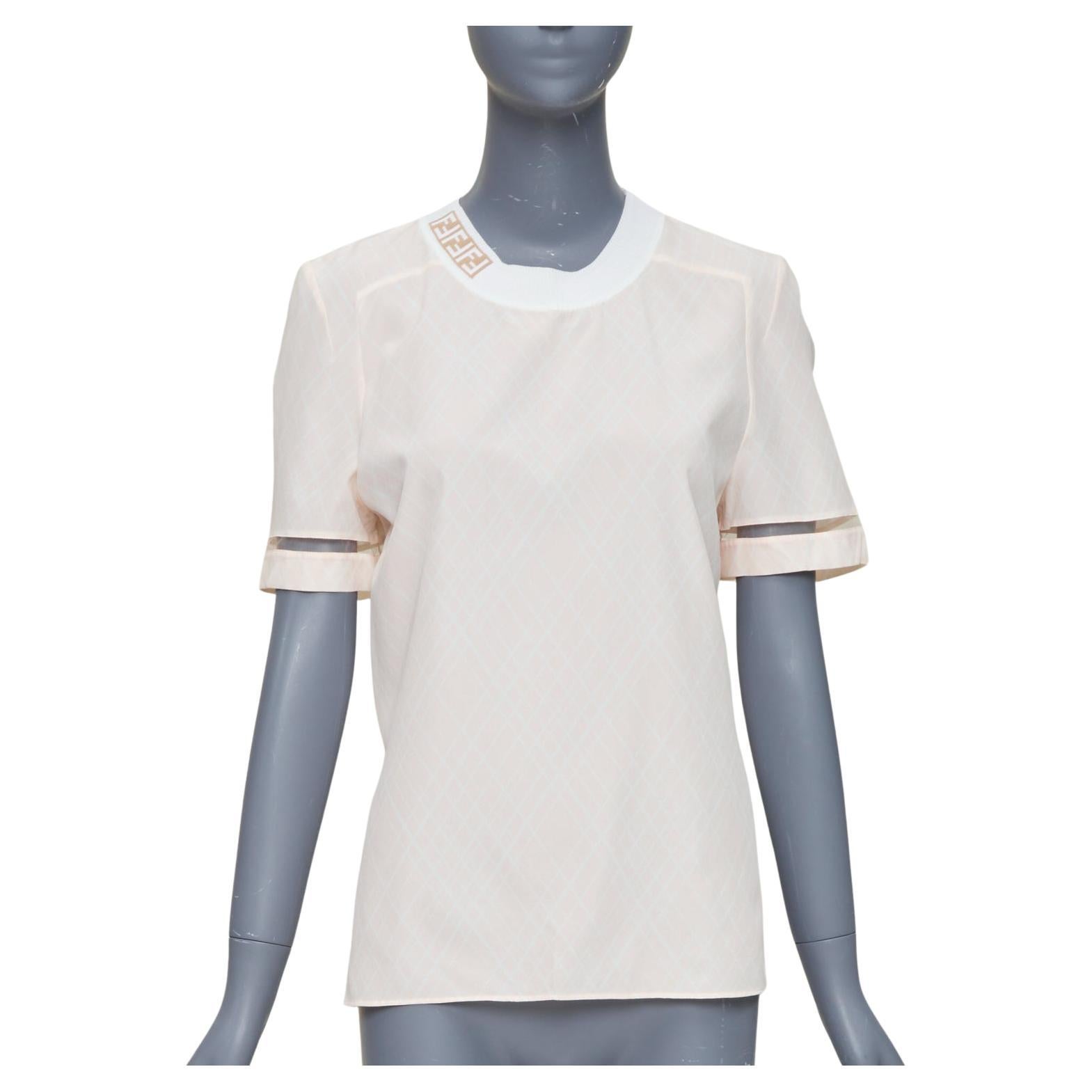 FENDI rosa sedoso nude FF monograma cuello redondo a cuadros rombos top manga corta en venta