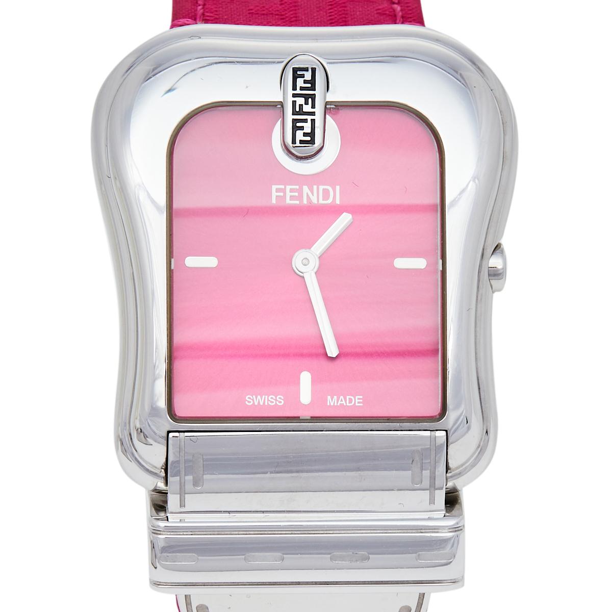 This wristwatch from Fendi is here to remind you that you deserve only the best. Swiss-made and created from stainless steel, this watch flaunts a buckle-like case. The Fendi quartz watch has a pink dial and a branded bracelet with a buckle clasp.

