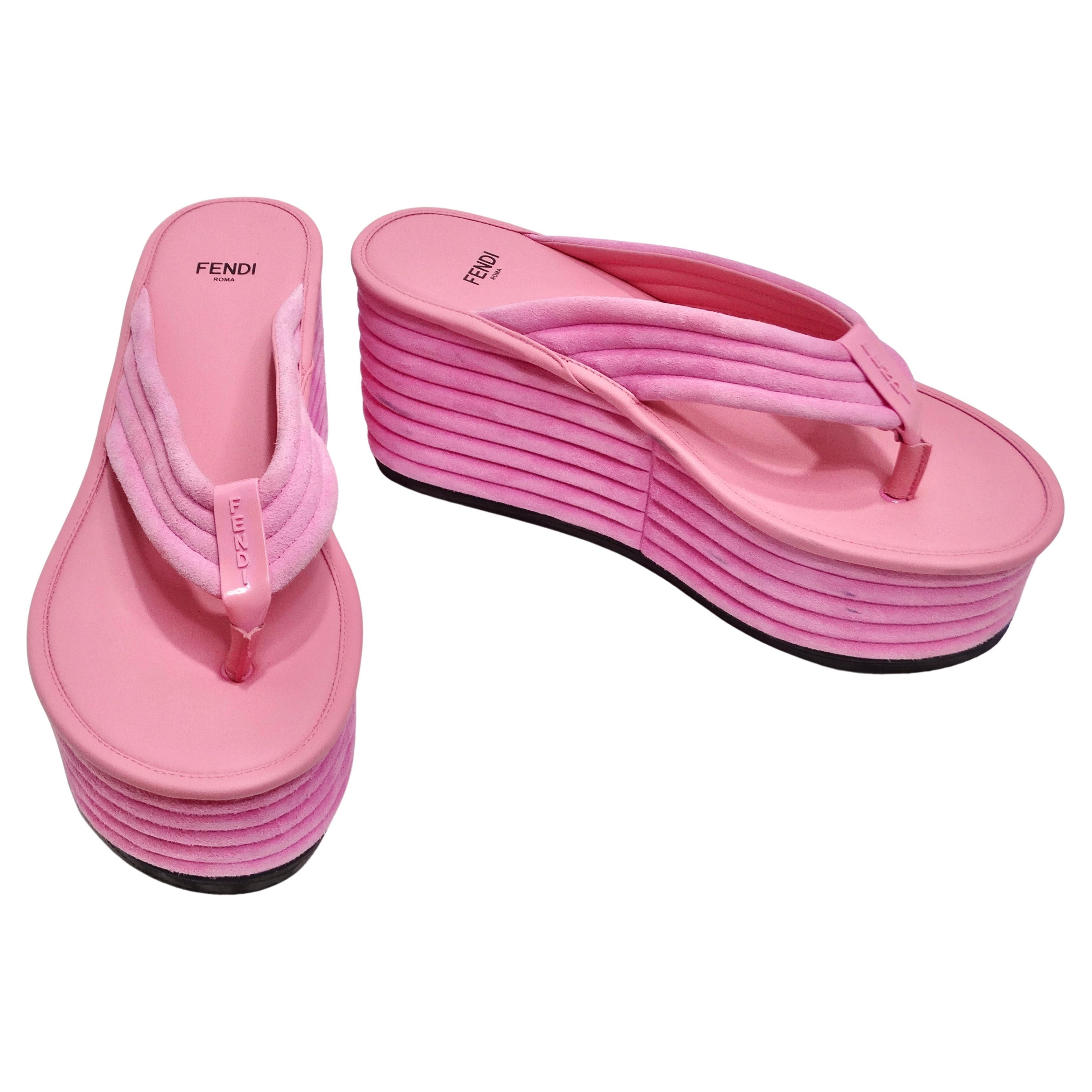 Fendi Pink Suede Platform Flip Flops For Sale
