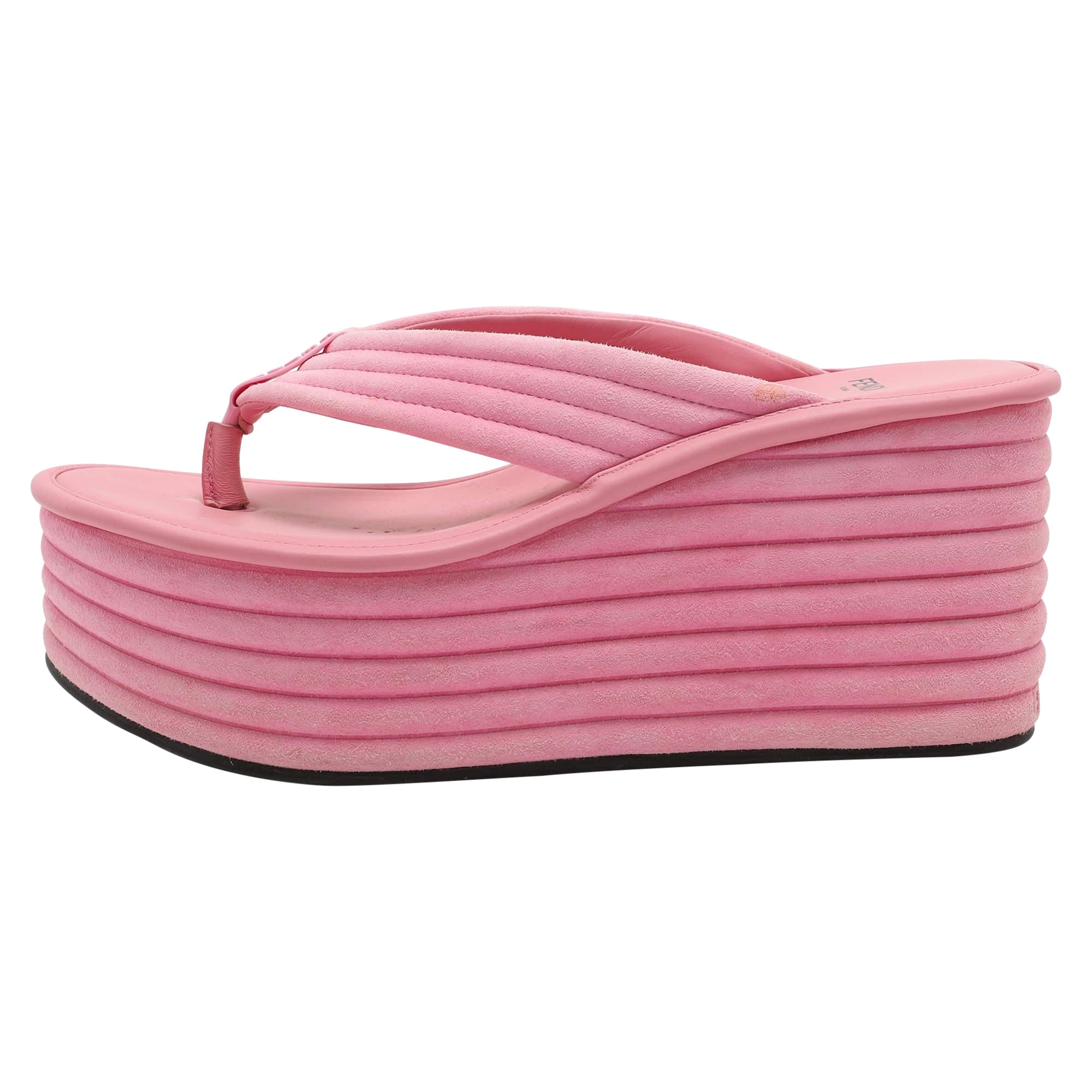 Fendi Pink Suede Platform Thong Slide Sandals Size 38