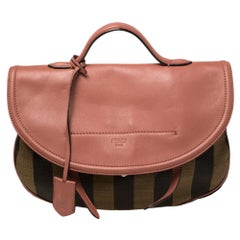 Fendi Pink/Tobacco Pequin Canvas and Leather Medium Top Handle Bag