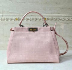 Fendi Pink/White Checkered Leather Sequin Lining Medium Peekaboo Top Handle Bag