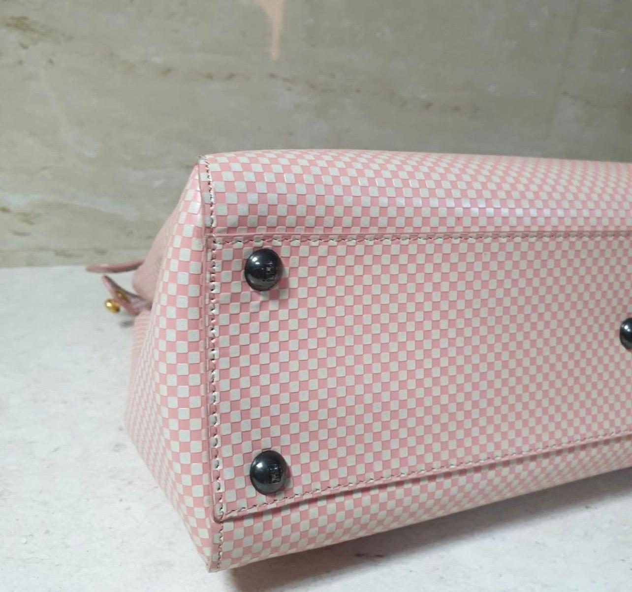 Women's Fendi Pink/White Checkered Leather Sequin Lining Medium Peekaboo Top Handle Bag