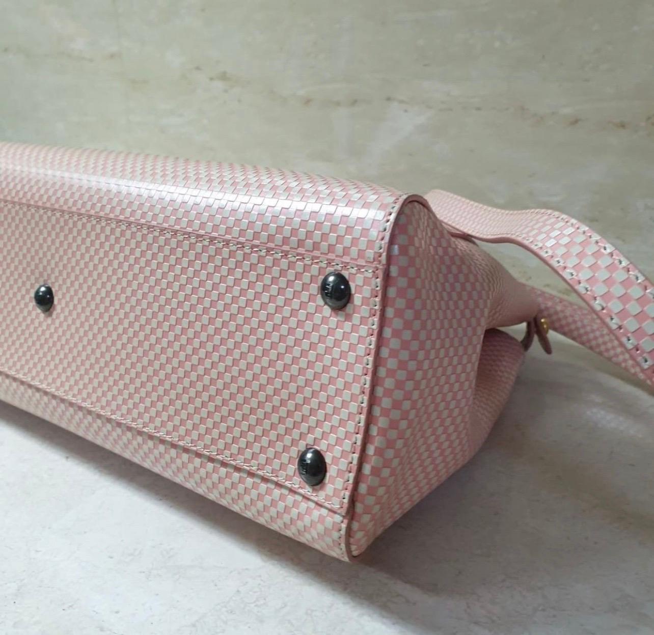 Fendi Pink/White Checkered Leather Sequin Lining Medium Peekaboo Top Handle Bag 2
