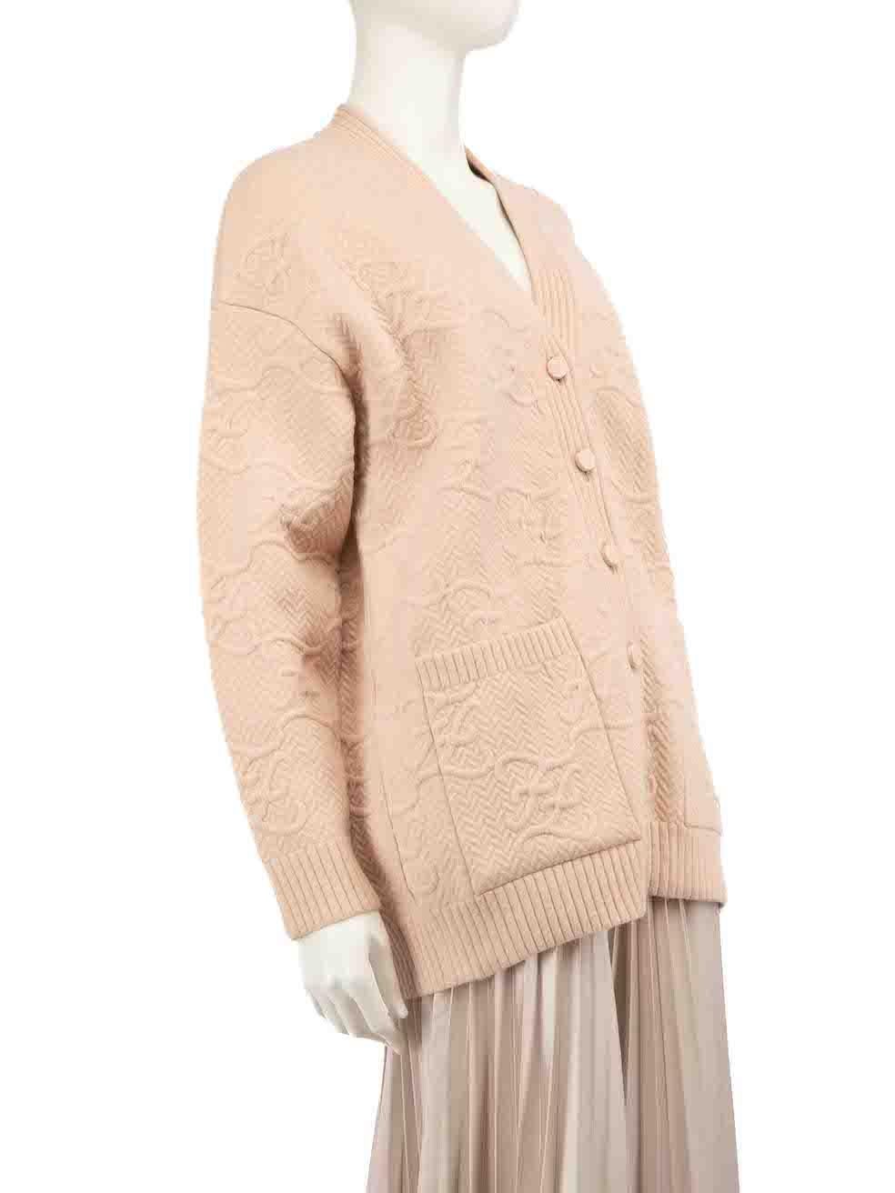 CONDITION is Very good. Minimal wear to the cardigan is evident. There is slight discolouration to the brand label of this used Fendi designer resale item.
 
 Details
 Pink
 Wool
 Cardigan
 Jacquard logo pattern
 Long sleeves
 Stretchy
 Button up